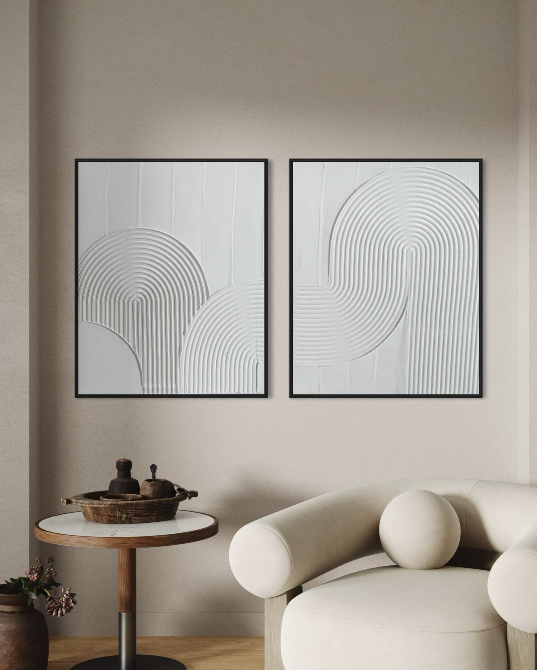 white modern minimalist contemporary 2 set wall art, framed, made on ready to hang canvas, diptych