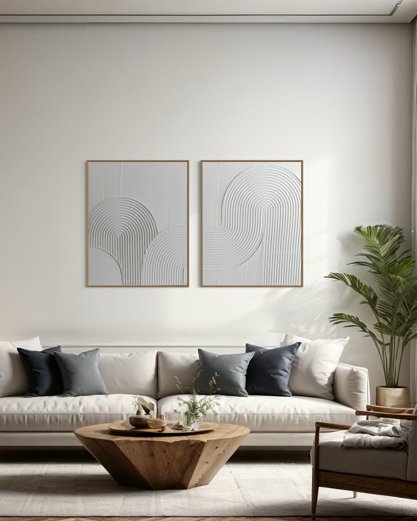 white modern minimalist contemporary 2 set wall art, framed, made on ready to hang canvas, diptych