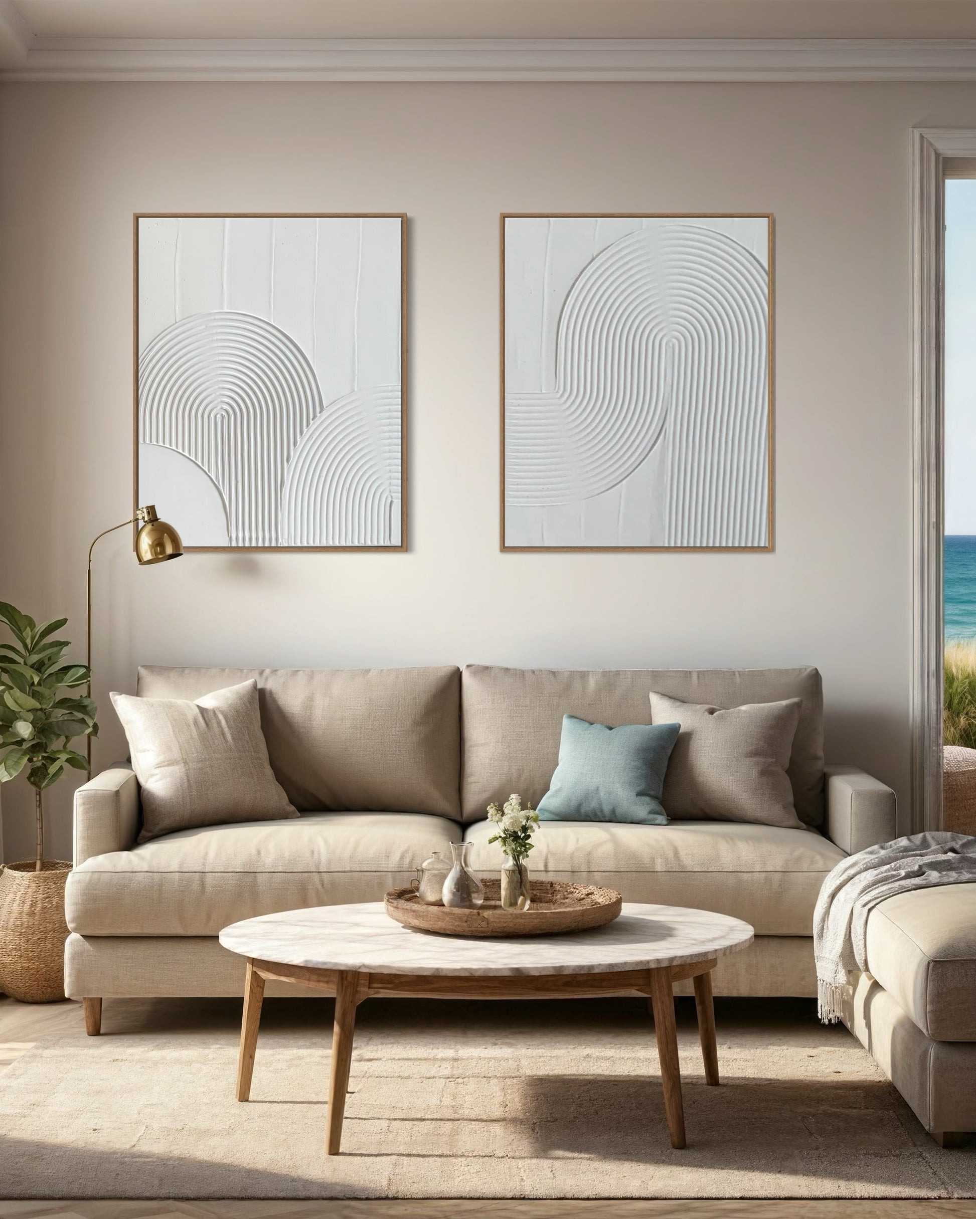 white modern minimalist contemporary 2 set wall art, framed, made on ready to hang canvas, diptych