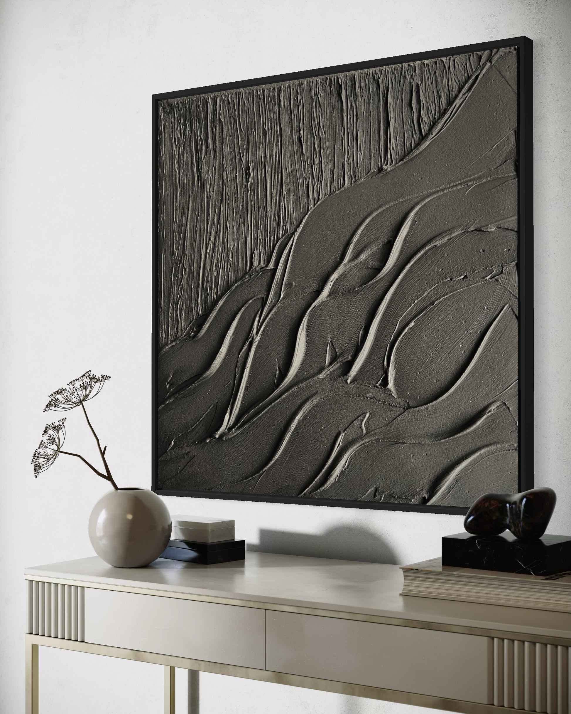 black textured wall art, abstract modern painting made on ready to hang canvas, large wall decor for minimalist, modern, contemporary home interior