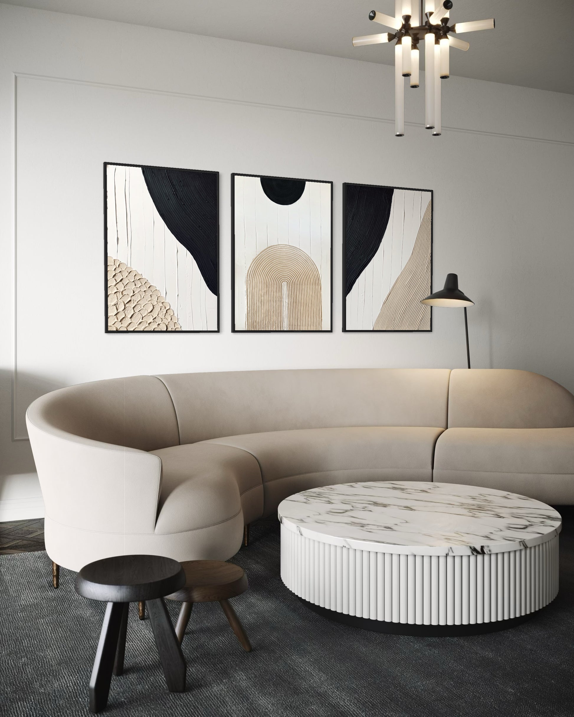  set of three in black, white, and beige – a striking collection of minimalist, modern textured art pieces that bring balance and elegance to any room. 