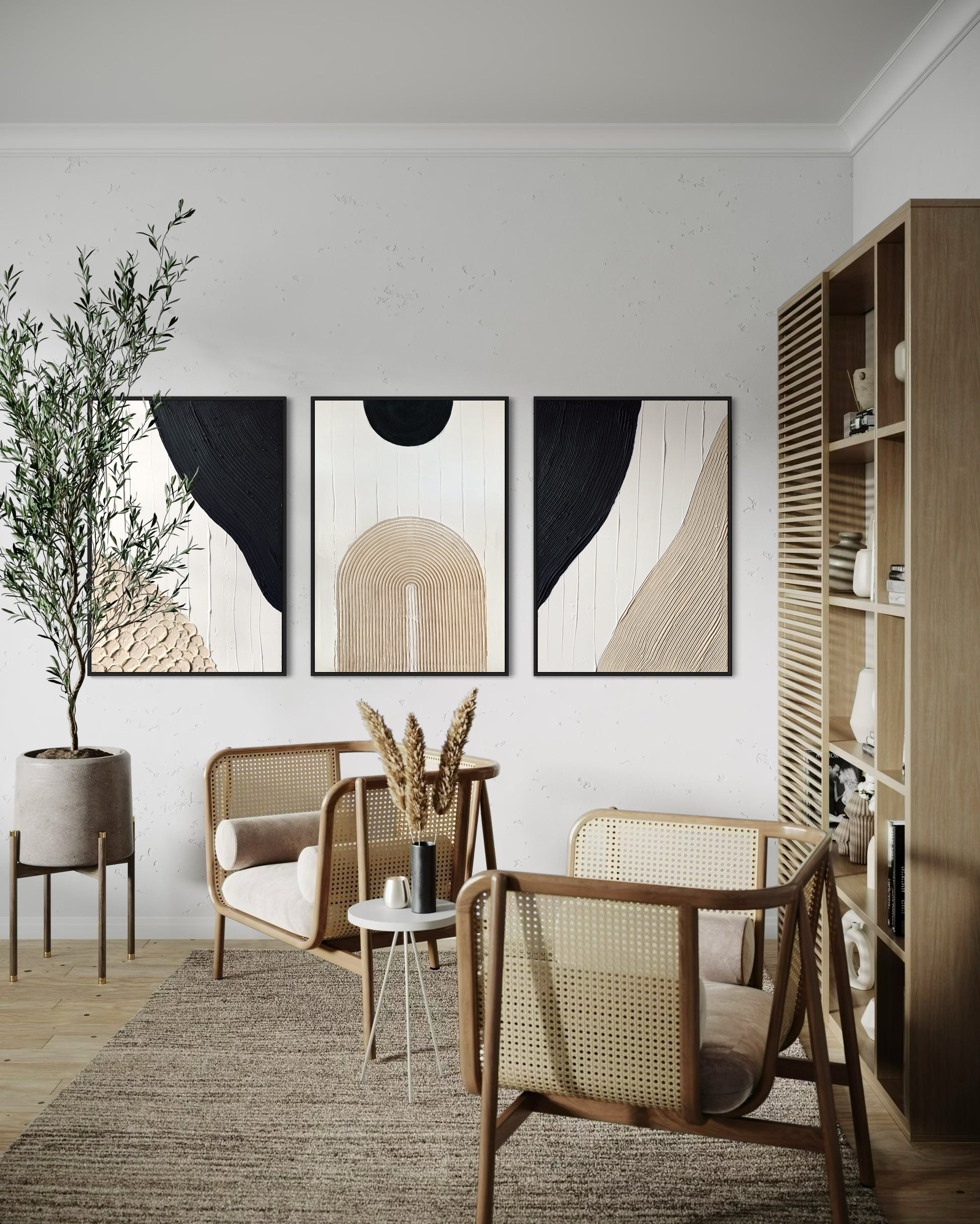  set of three in black, white, and beige – a striking collection of minimalist, modern textured art pieces that bring balance and elegance to any room. 