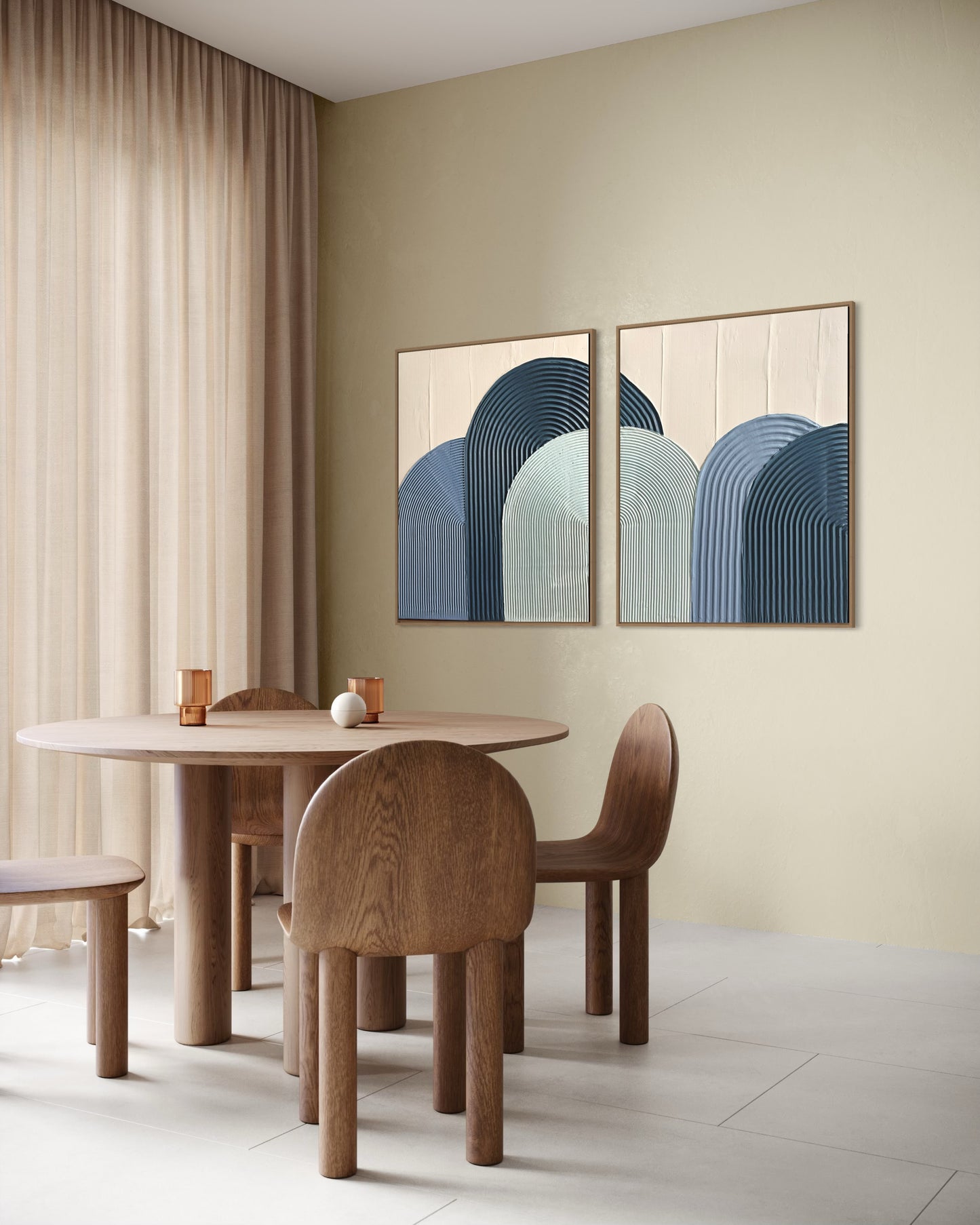 Dining room with wooden table and chairs, beige walls, and abstract wall art.