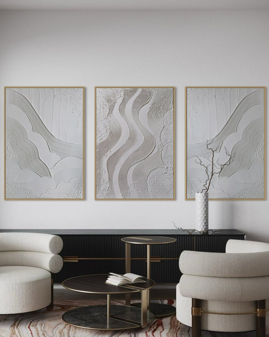 set of 3 white textured wall art in modern, contemporary minimalist interior