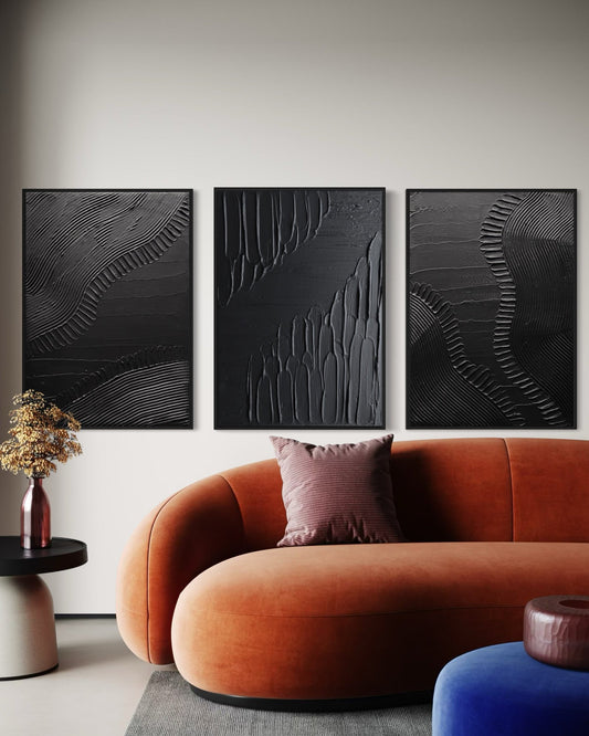 set of 3  black textured wall art, minimalist and modern interior