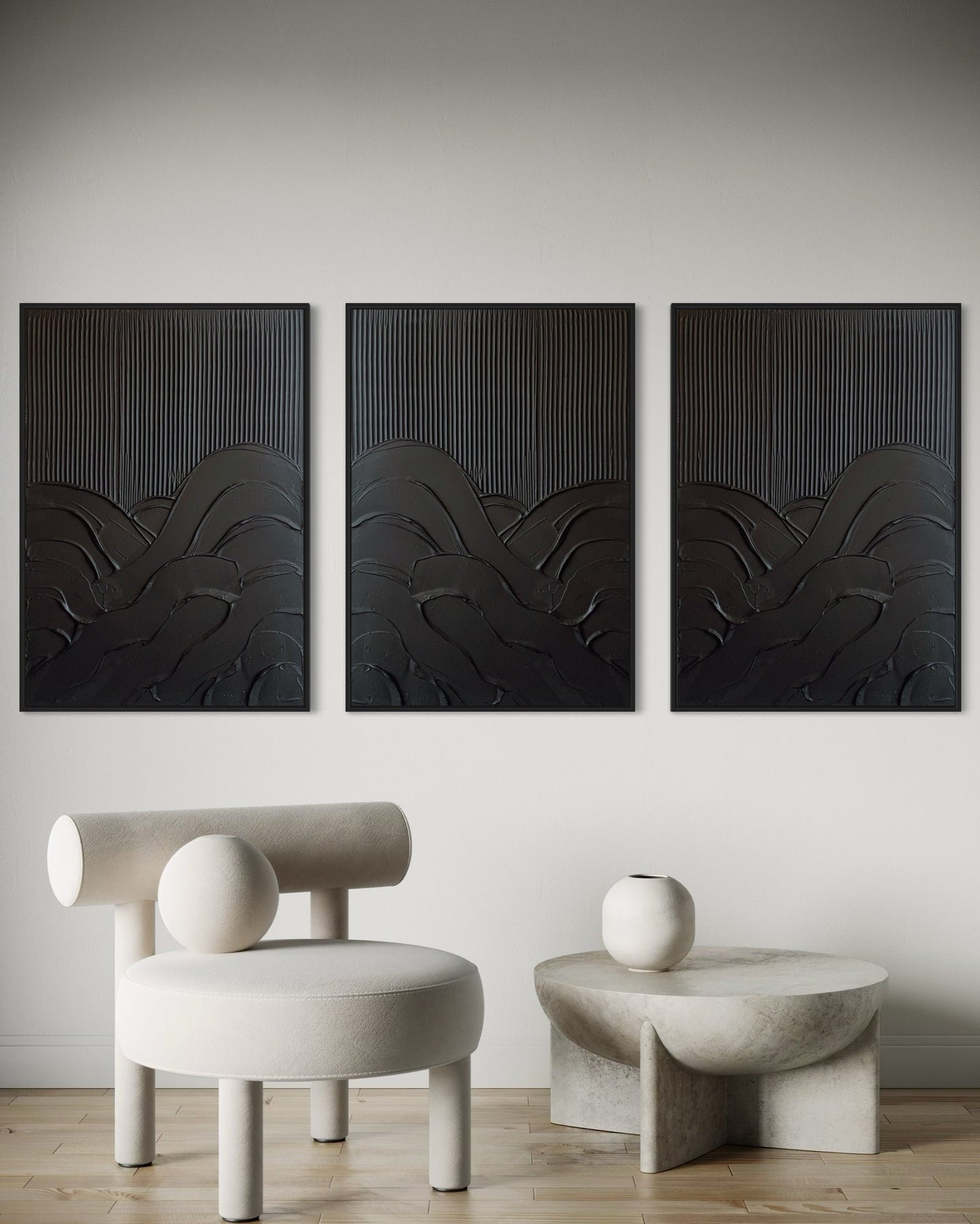 set of 3 textured wall art in black in modern, contemporary minimalist inerior