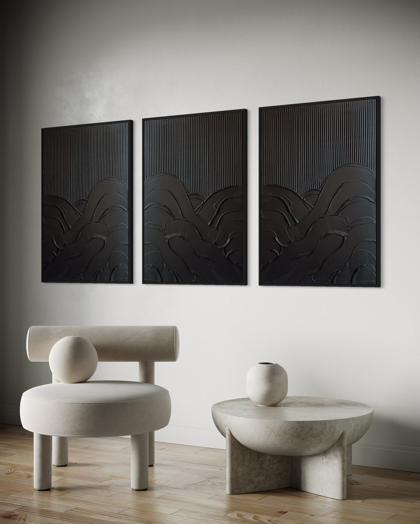 set of 3 textured wall art in black in modern, contemporary minimalist inerior