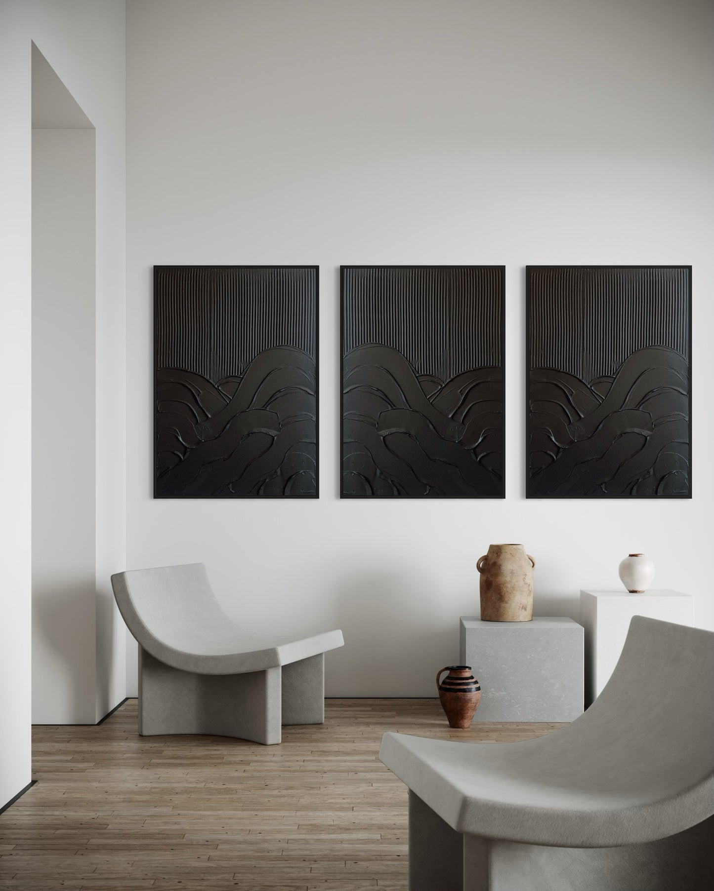 set of 3 textured wall art in black in modern, contemporary minimalist inerior