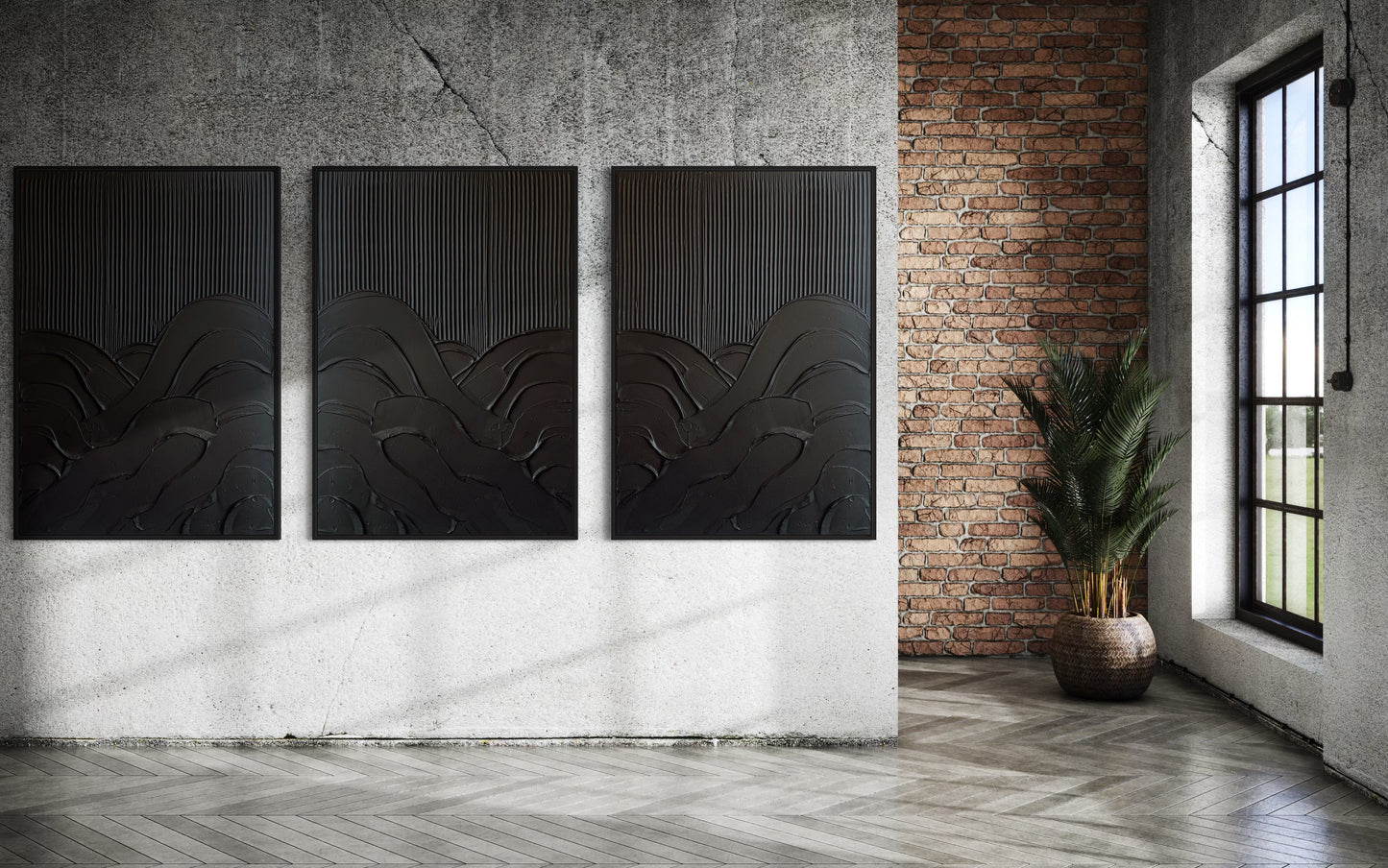 set of 3 textured wall art in black in modern, contemporary minimalist inerior