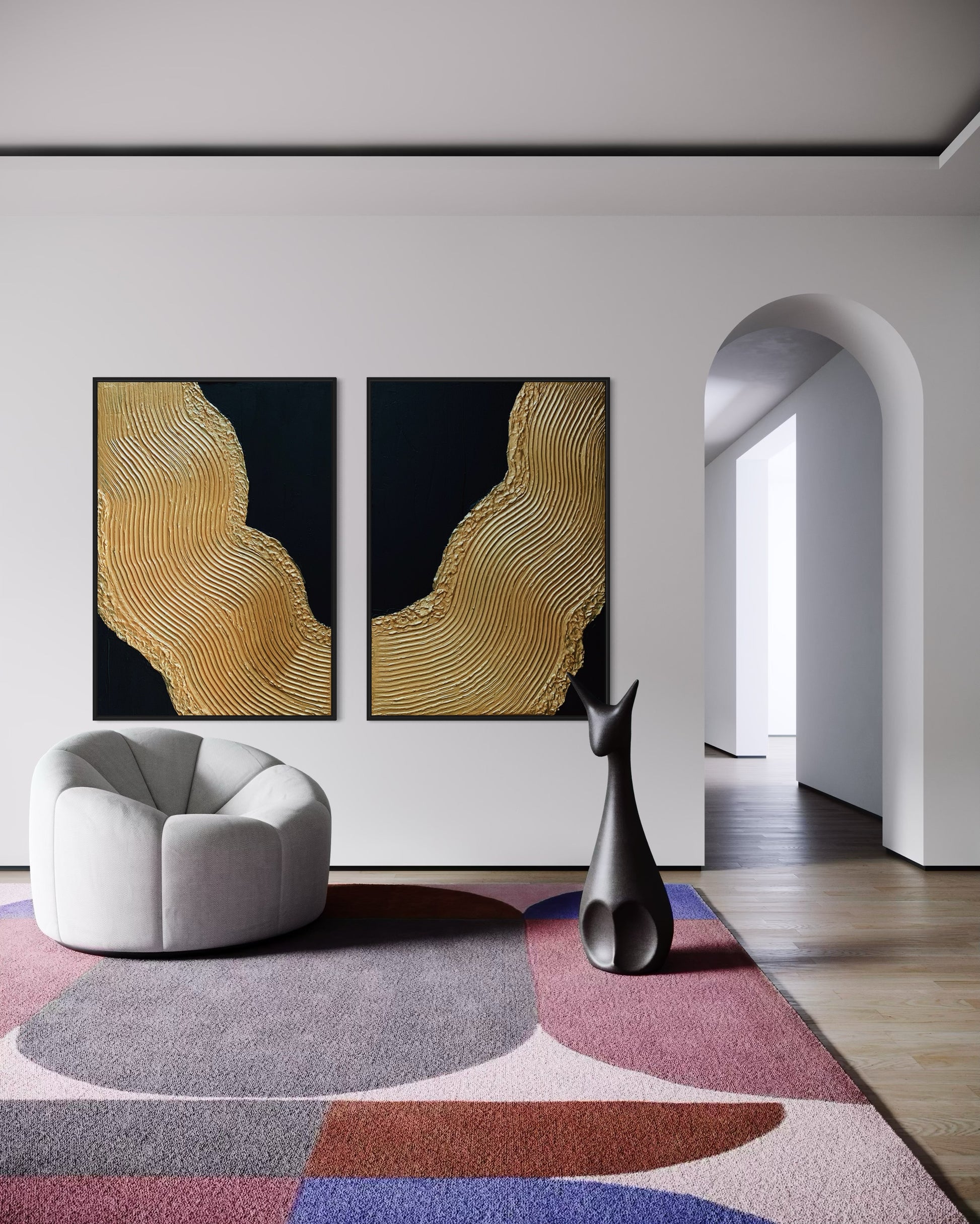 modern abstract textured art, black and gold painting, hanging on the wall, luxury modern interior