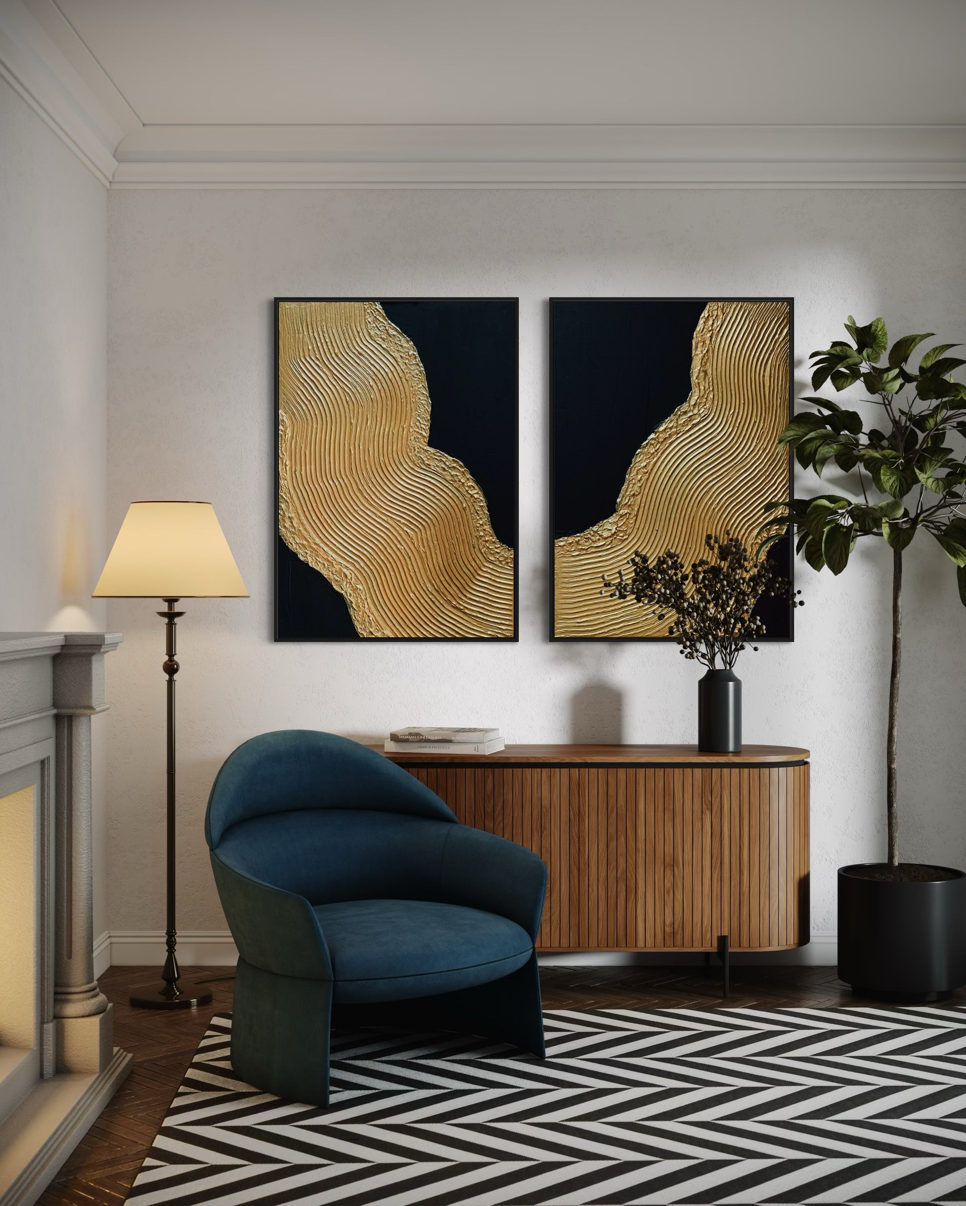 modern abstract textured art, black and gold painting, hanging on the wall, luxury modern interior