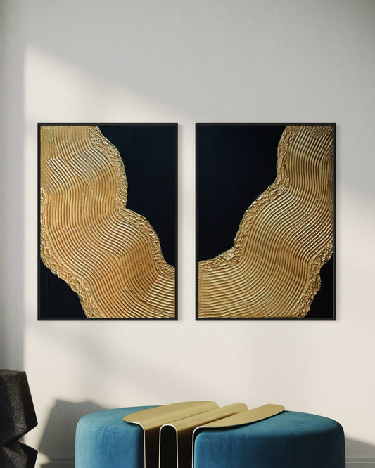 modern abstract textured art, black and gold painting, hanging on the wall, luxury modern interior