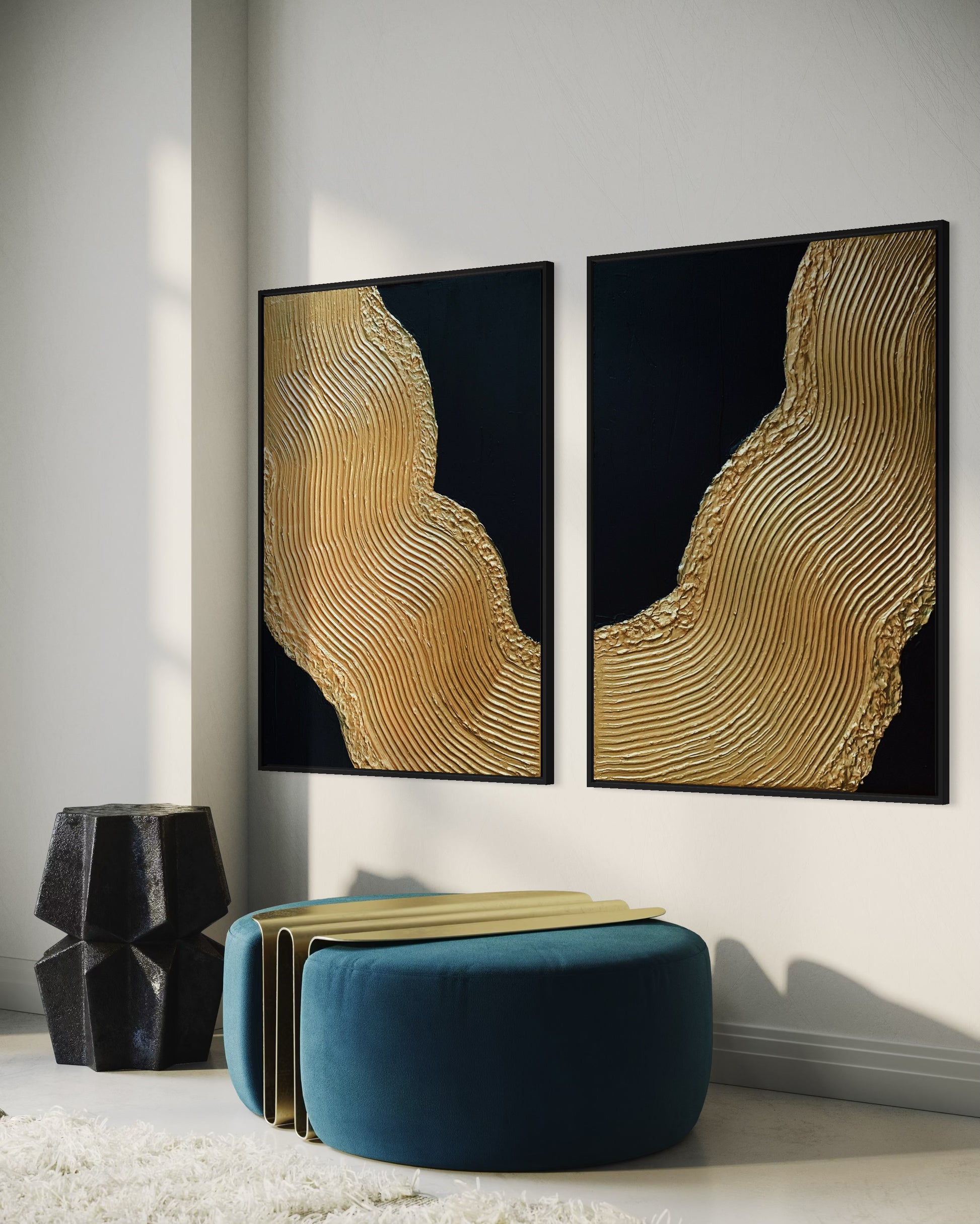 modern abstract textured art, black and gold painting, hanging on the wall, luxury modern interior