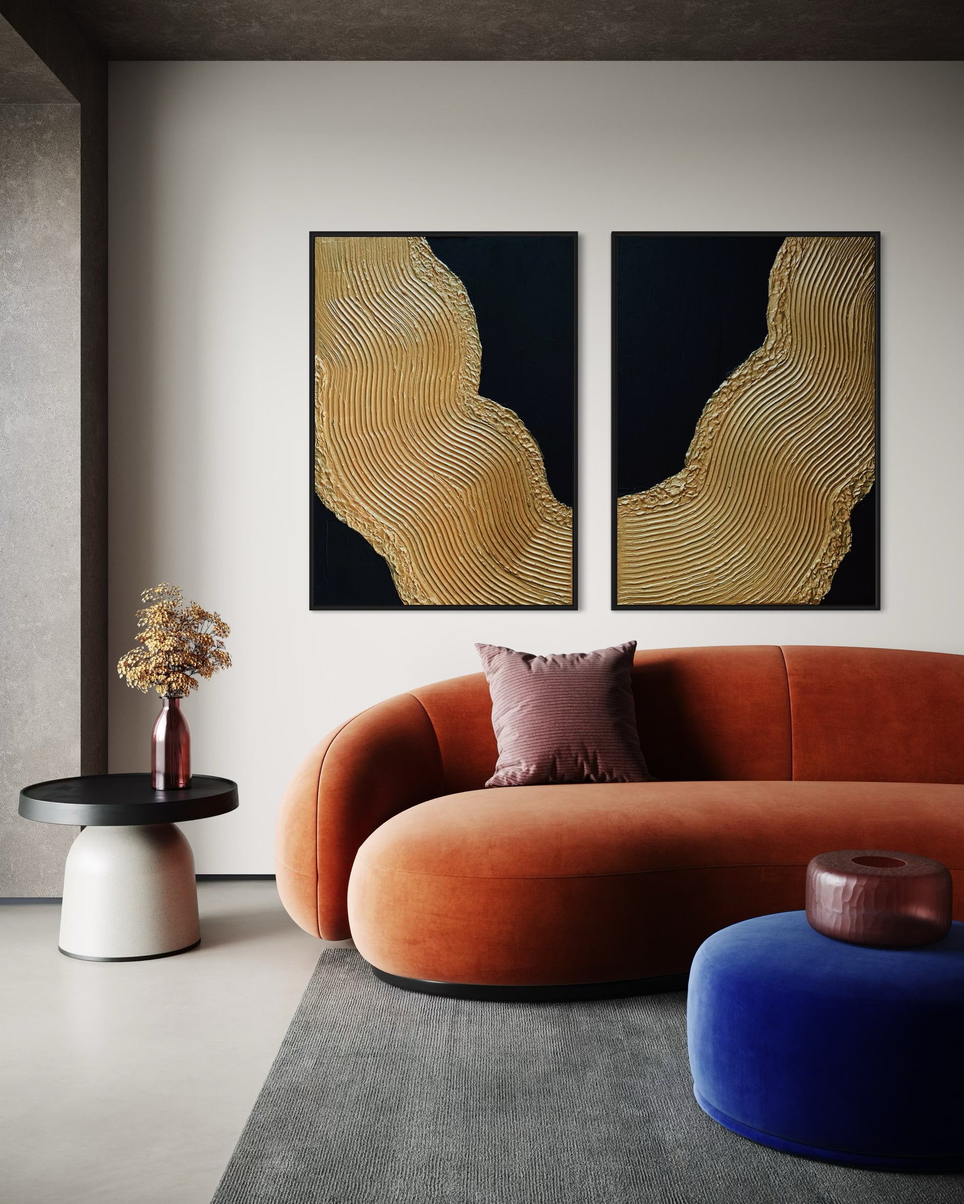 modern abstract textured art, black and gold painting, hanging on the wall, luxury modern interior