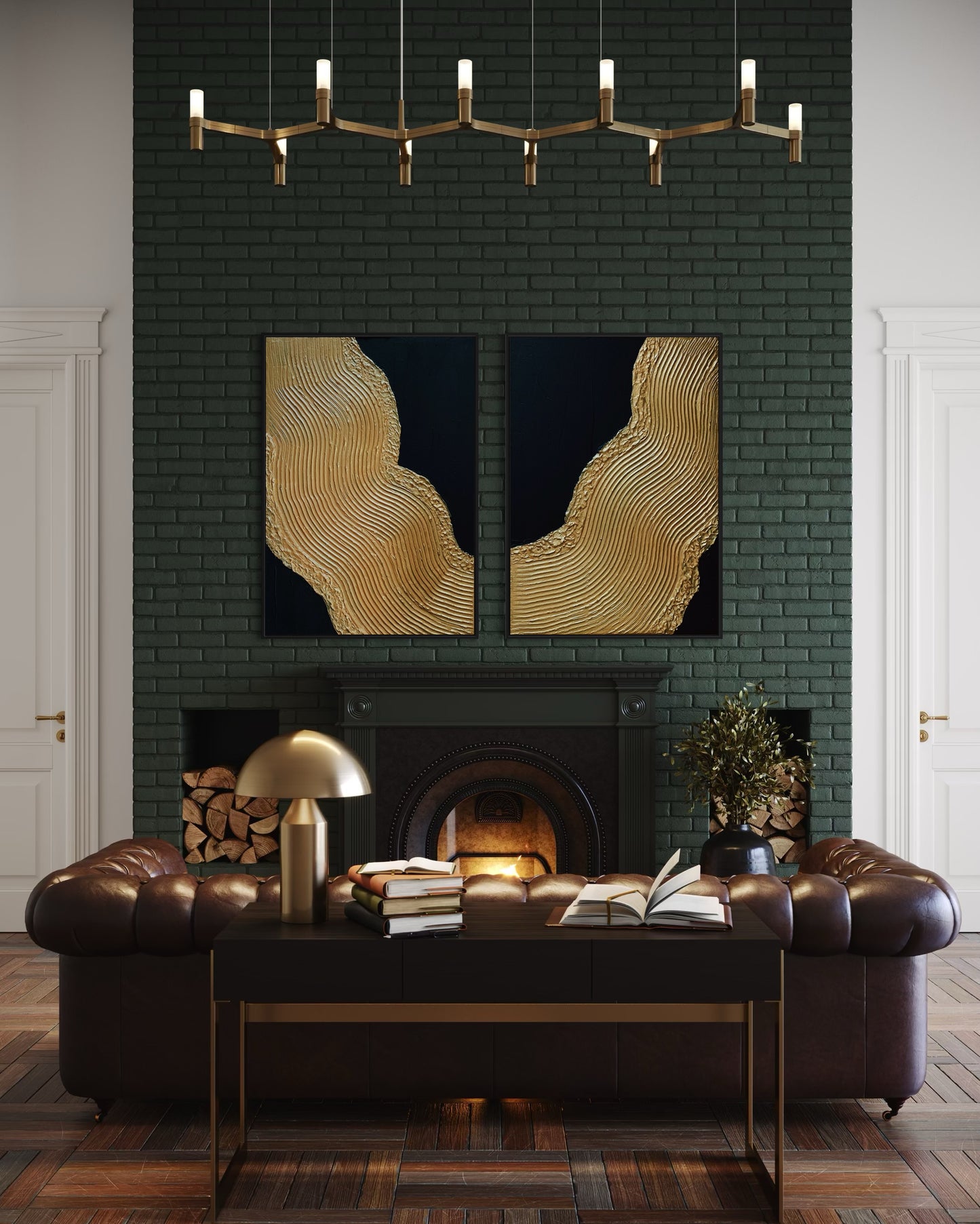 modern abstract textured art, black and gold painting, hanging on the wall, luxury modern interior