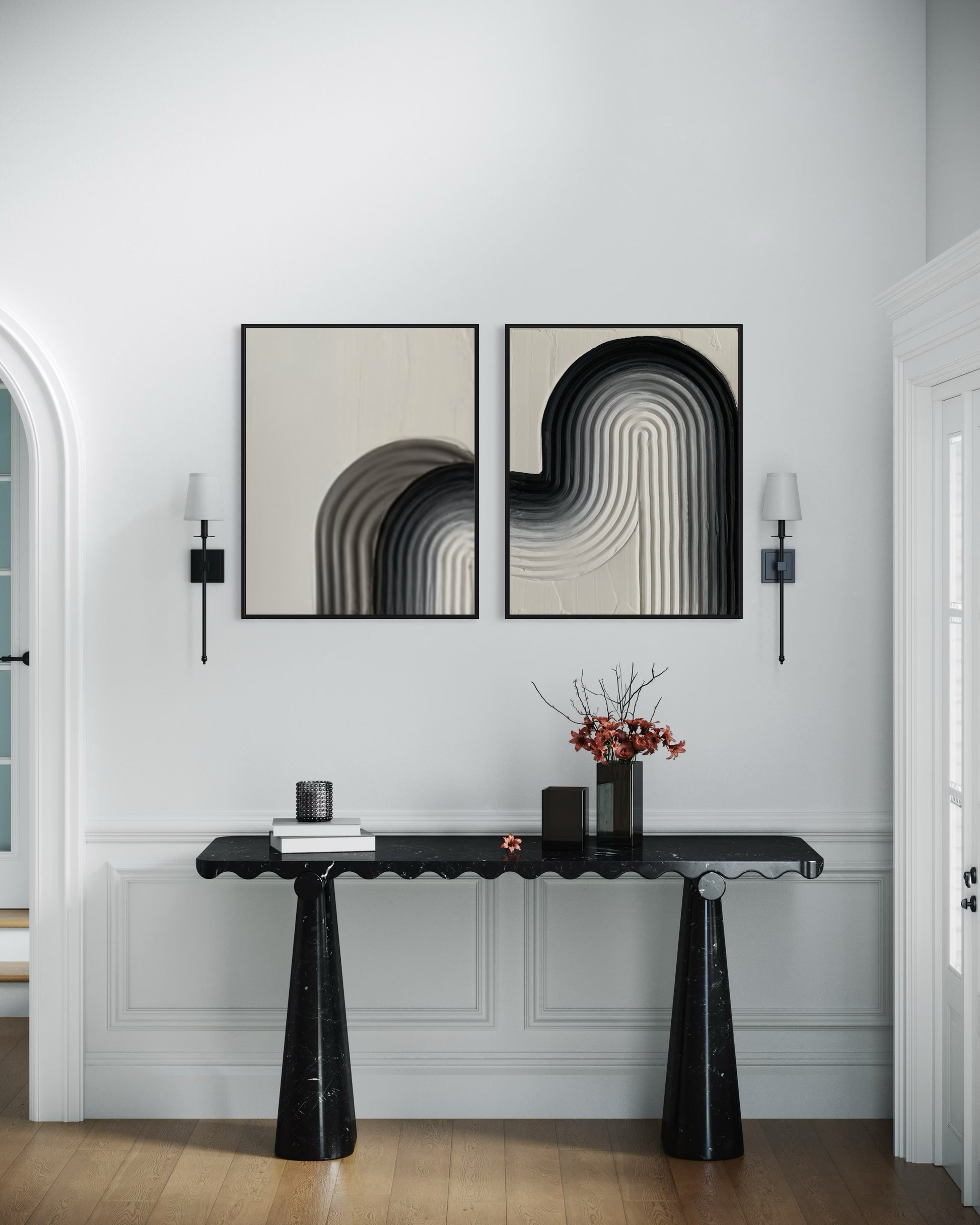 modern minimalist textured wall art in black gradient ombre - zen arches design, grey and black colors,ready to hang original painting made on stretched canvases diptych, made for modern, minimalist, contemporary home interior