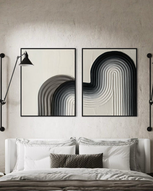 modern minimalist textured wall art in black gradient ombre - zen arches design, grey and black colors,ready to hang original painting made on stretched canvases diptych, made for modern, minimalist, contemporary home interior