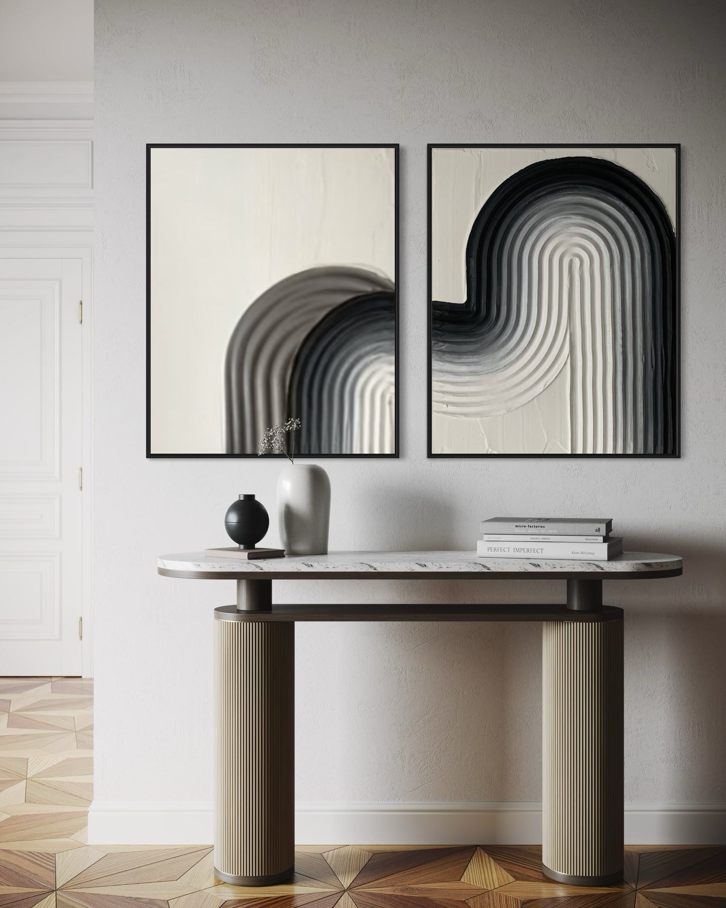 modern minimalist textured wall art in black gradient ombre - zen arches design, grey and black colors,ready to hang original painting made on stretched canvases diptych, made for modern, minimalist, contemporary home interior