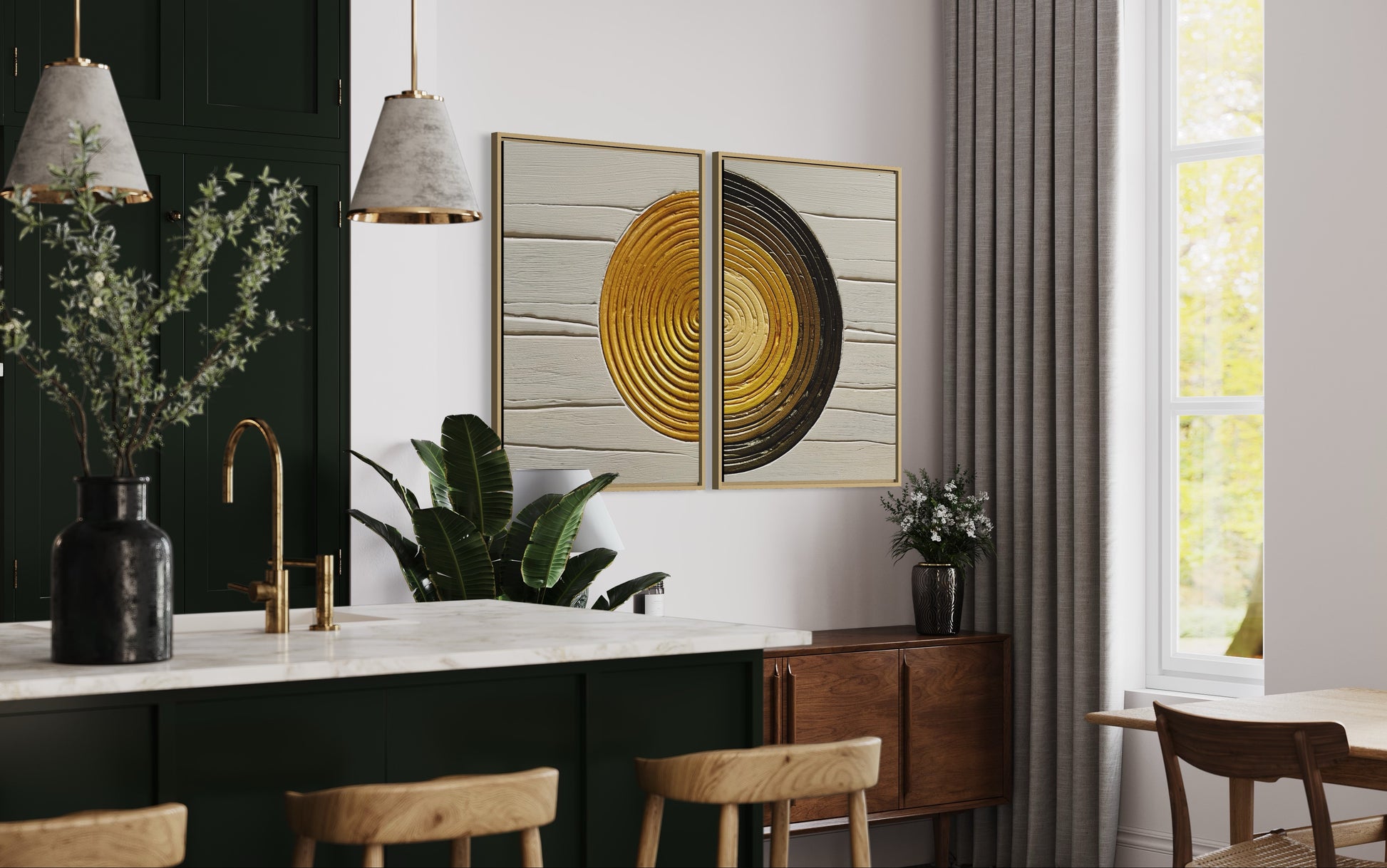 SAULE textured wall art in beige and gold. Modern abstract set of 2. 