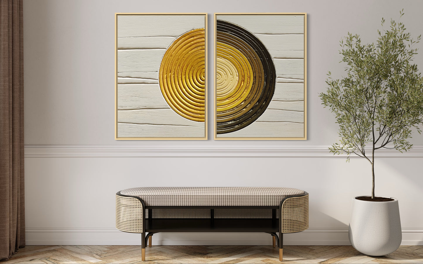 SAULE textured wall art in beige and gold. Modern abstract set of 2. 