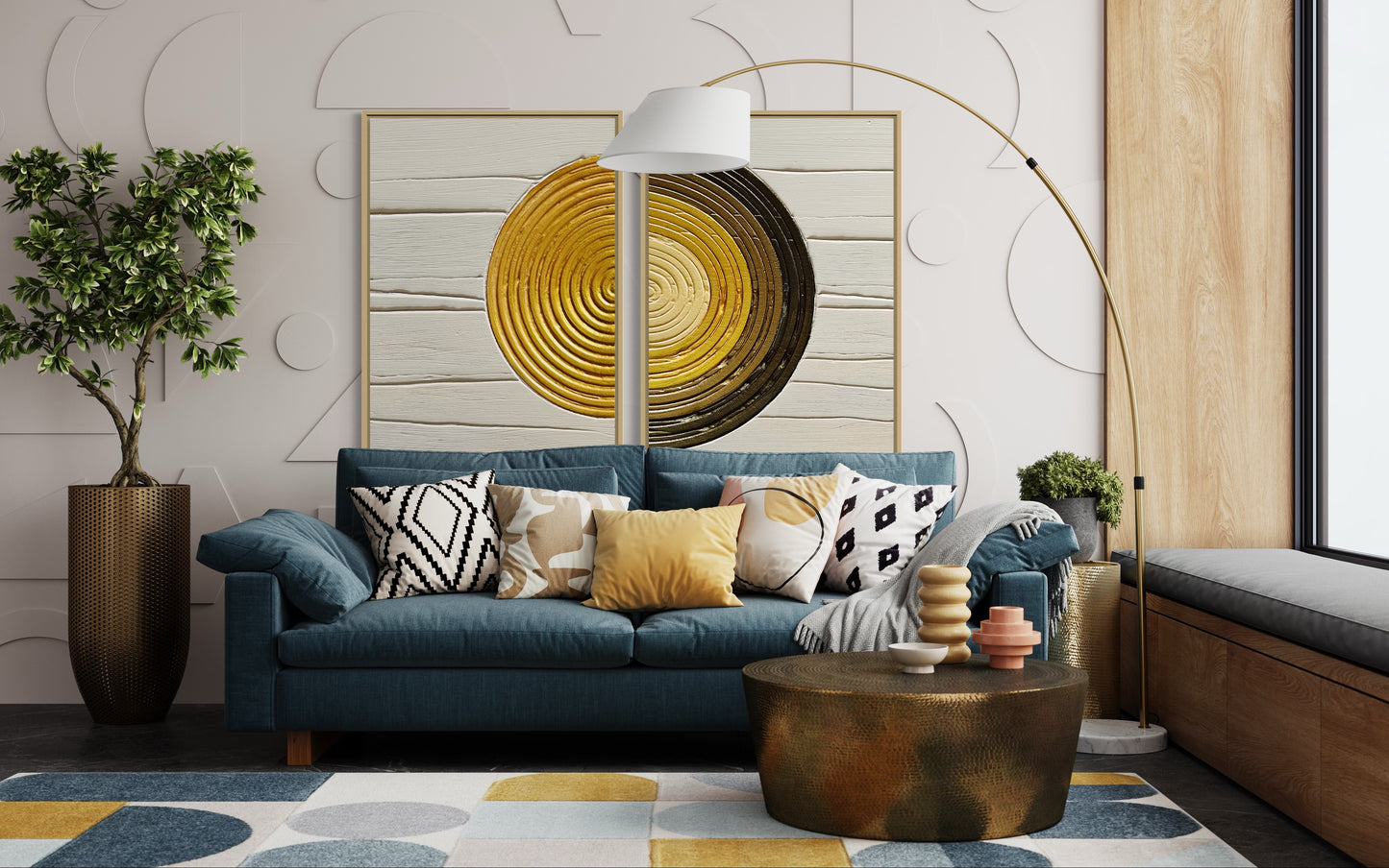 SAULE textured wall art in beige and gold. Modern abstract set of 2. 