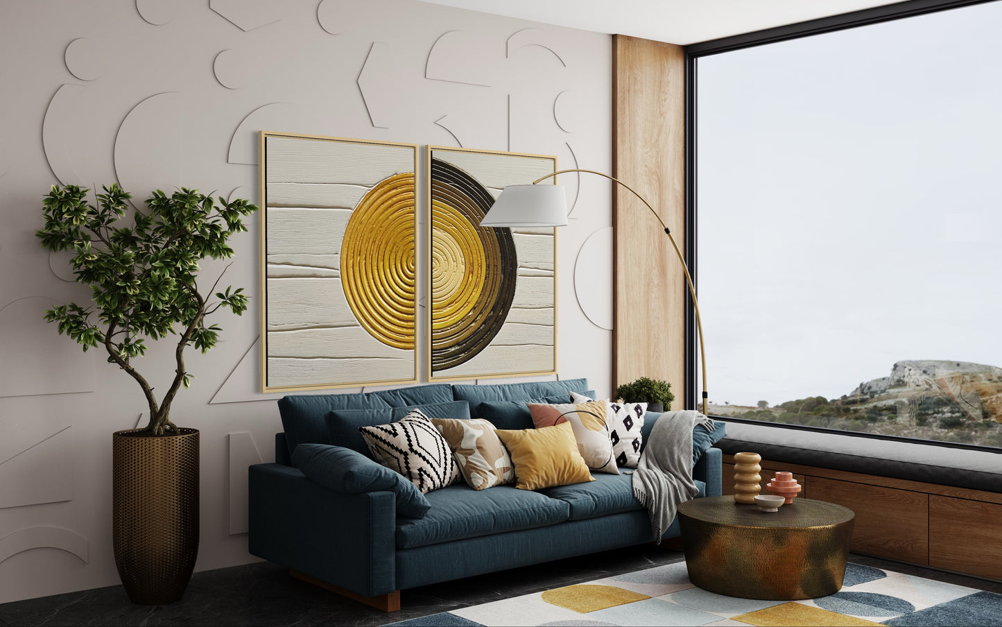 SAULE textured wall art in beige and gold. Modern abstract set of 2. 