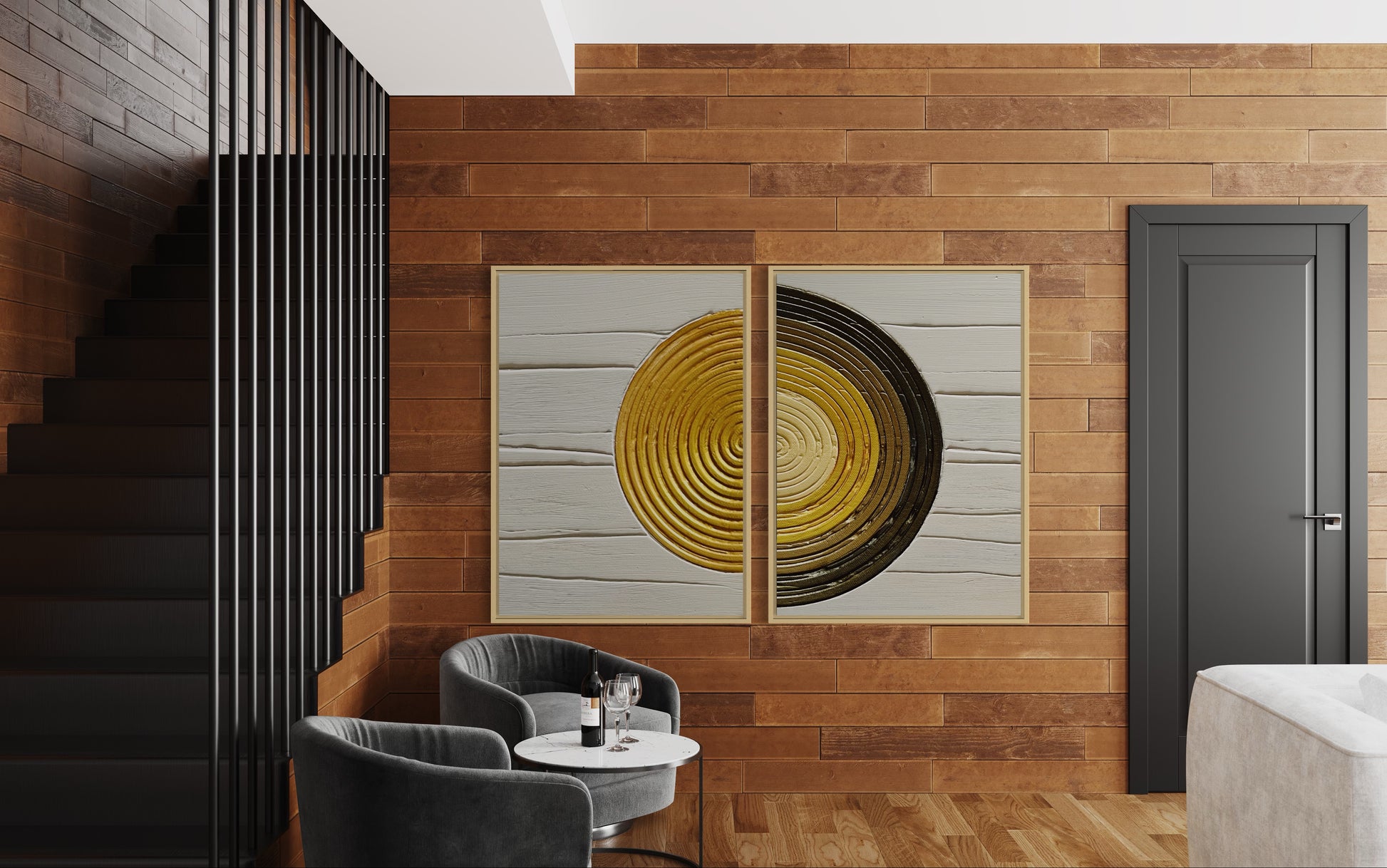 SAULE textured wall art in beige and gold. Modern abstract set of 2. 