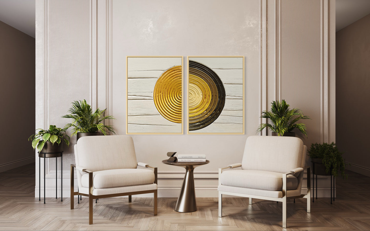 SAULE textured wall art in beige and gold. Modern abstract set of 2. 