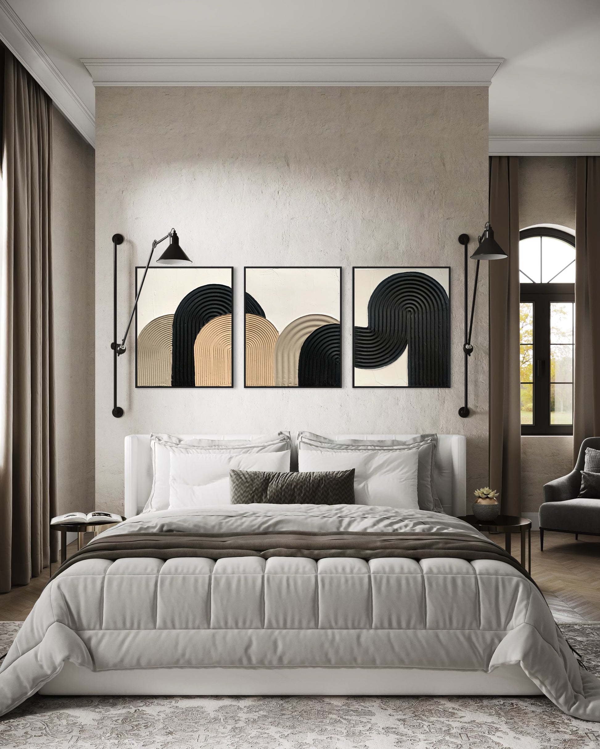 ZEN ARCH set of three in elegant beige, black, and white tones – a minimalist and modern collection of textured artworks designed to bring warmth, balance, and sophistication to any interior