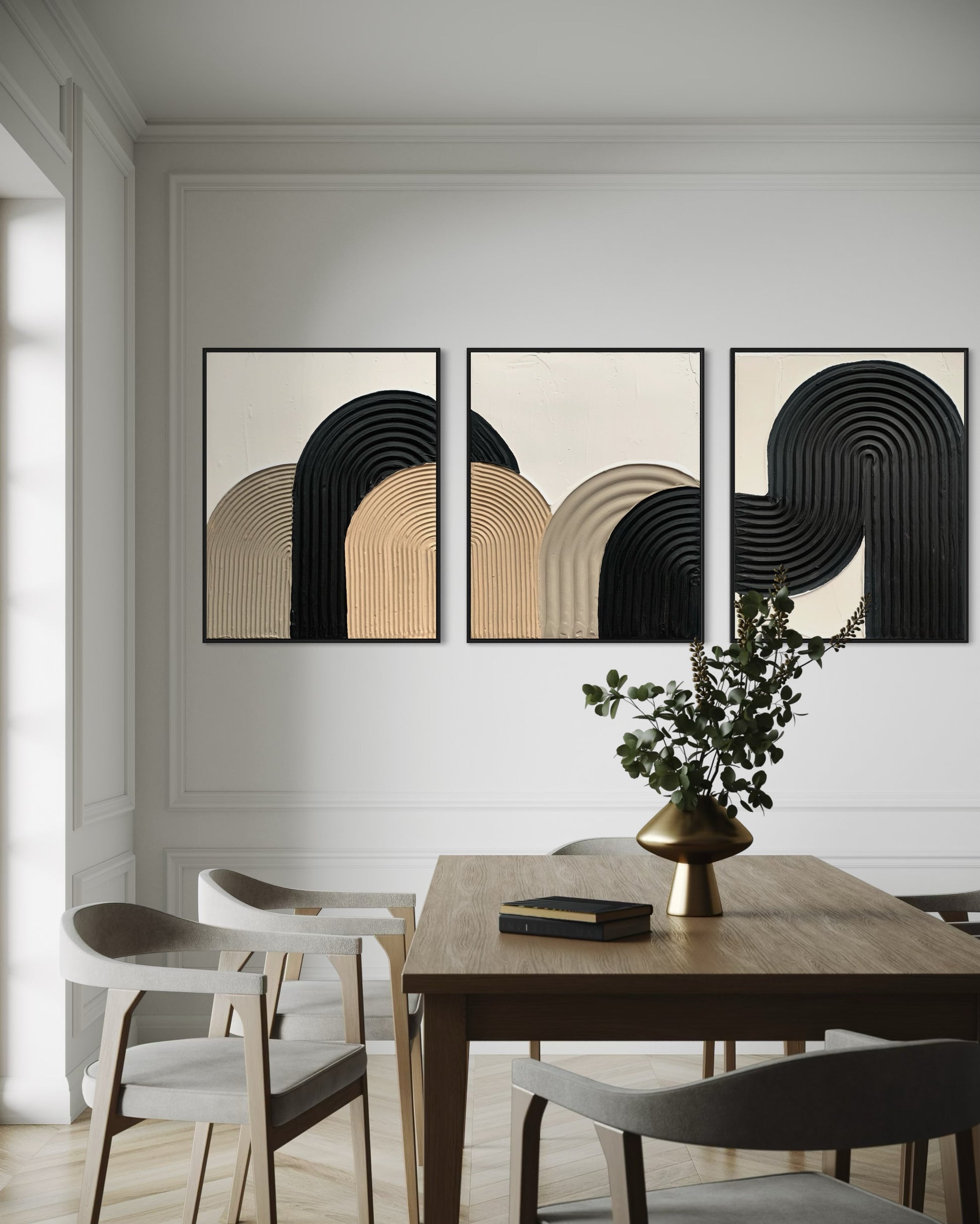 ZEN ARCH set of three in elegant beige, black, and white tones – a minimalist and modern collection of textured artworks designed to bring warmth, balance, and sophistication to any interior