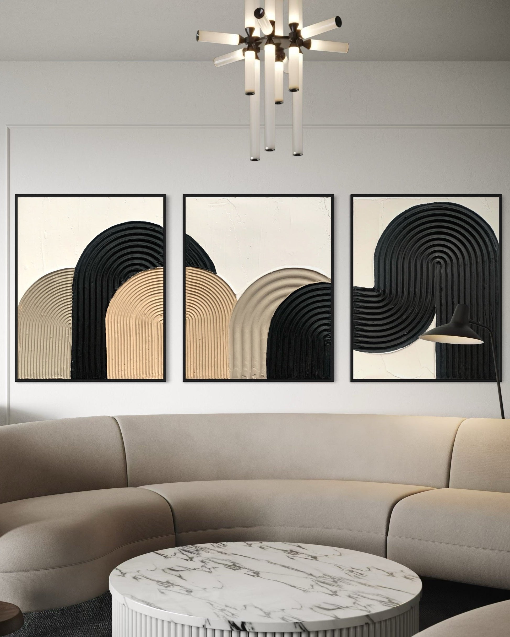 ZEN ARCH set of three in elegant beige, black, and white tones – a minimalist and modern collection of textured artworks designed to bring warmth, balance, and sophistication to any interior