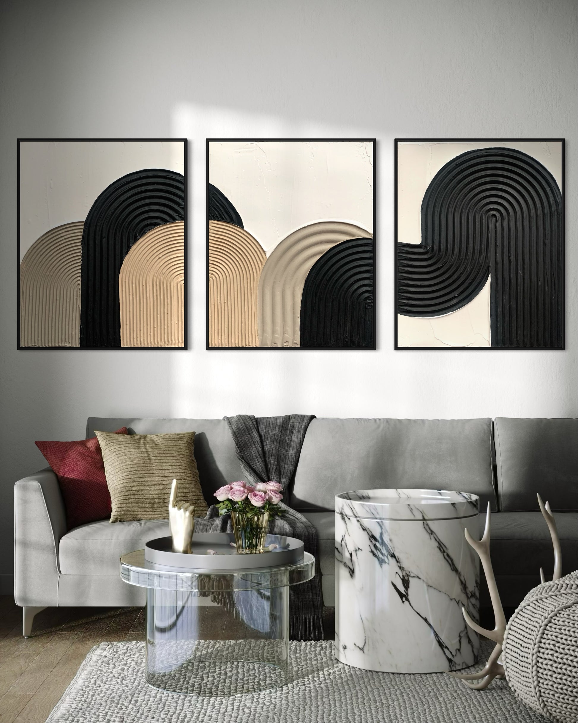 ZEN ARCH set of three in elegant beige, black, and white tones – a minimalist and modern collection of textured artworks designed to bring warmth, balance, and sophistication to any interior