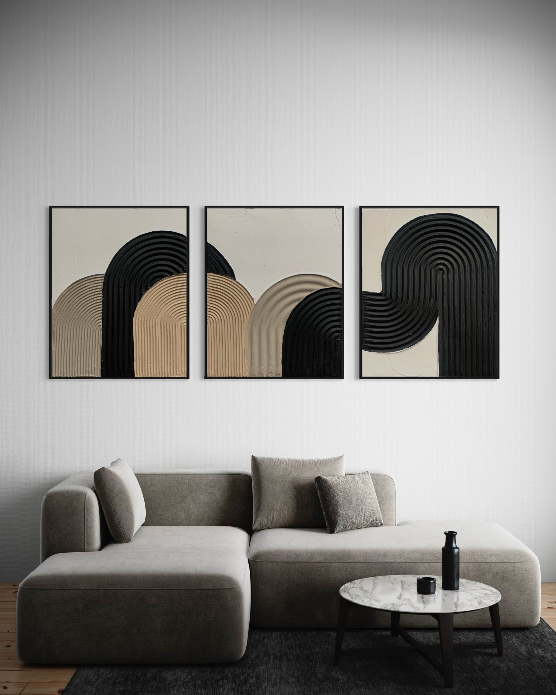 ZEN ARCH set of three in elegant beige, black, and white tones – a minimalist and modern collection of textured artworks designed to bring warmth, balance, and sophistication to any interior