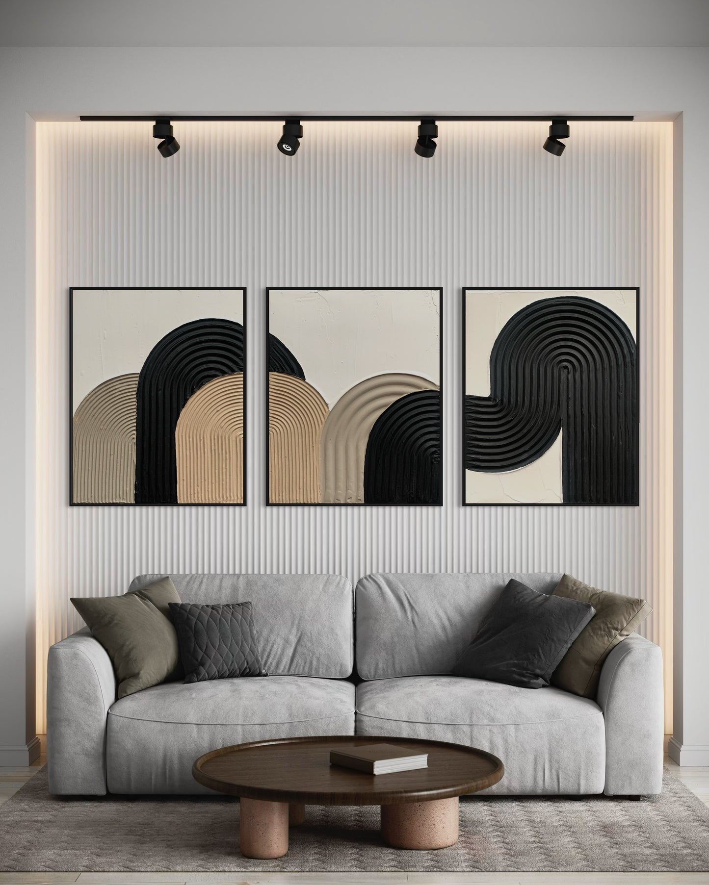 ZEN ARCH set of three in elegant beige, black, and white tones – a minimalist and modern collection of textured artworks designed to bring warmth, balance, and sophistication to any interior