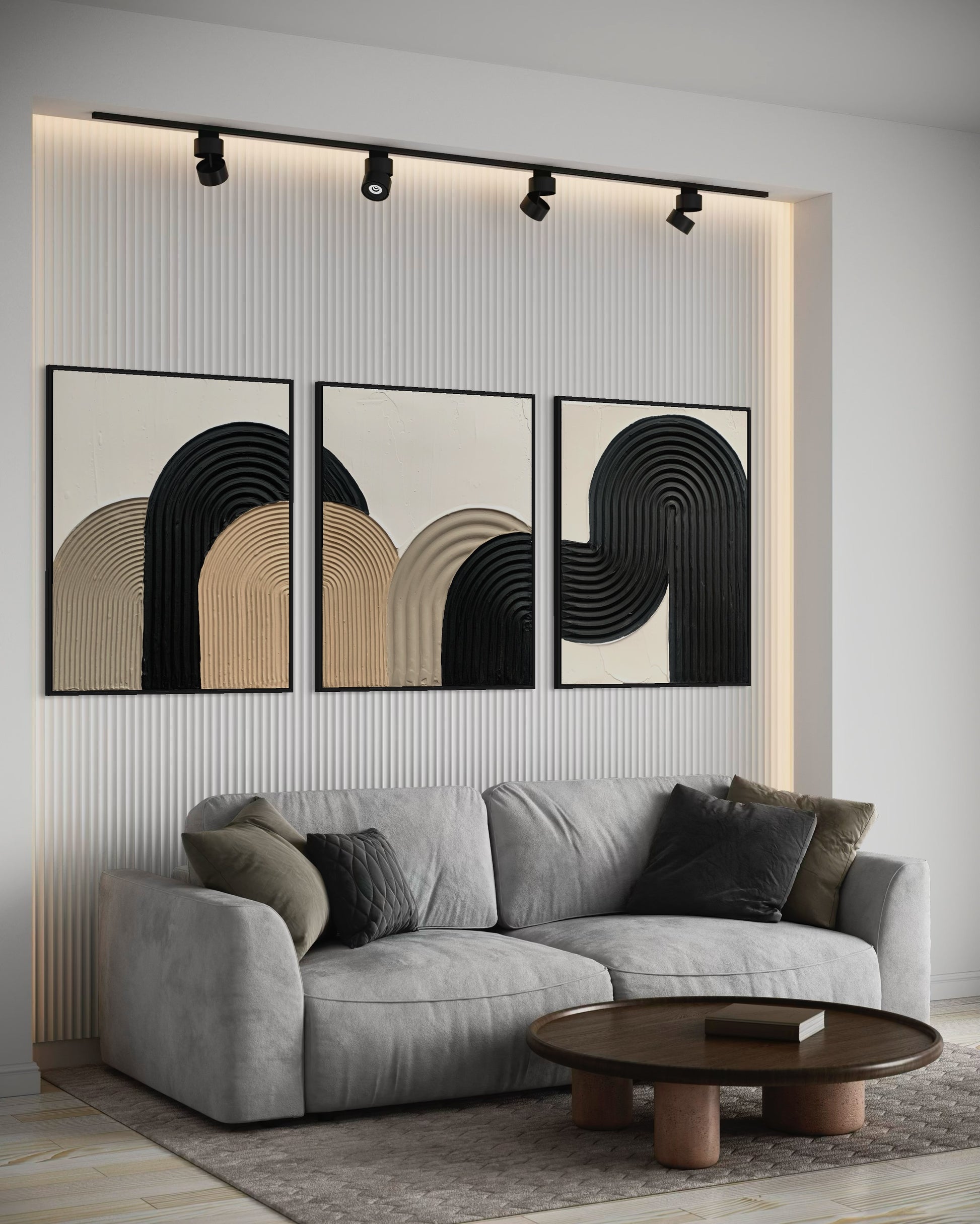 ZEN ARCH set of three in elegant beige, black, and white tones – a minimalist and modern collection of textured artworks designed to bring warmth, balance, and sophistication to any interior