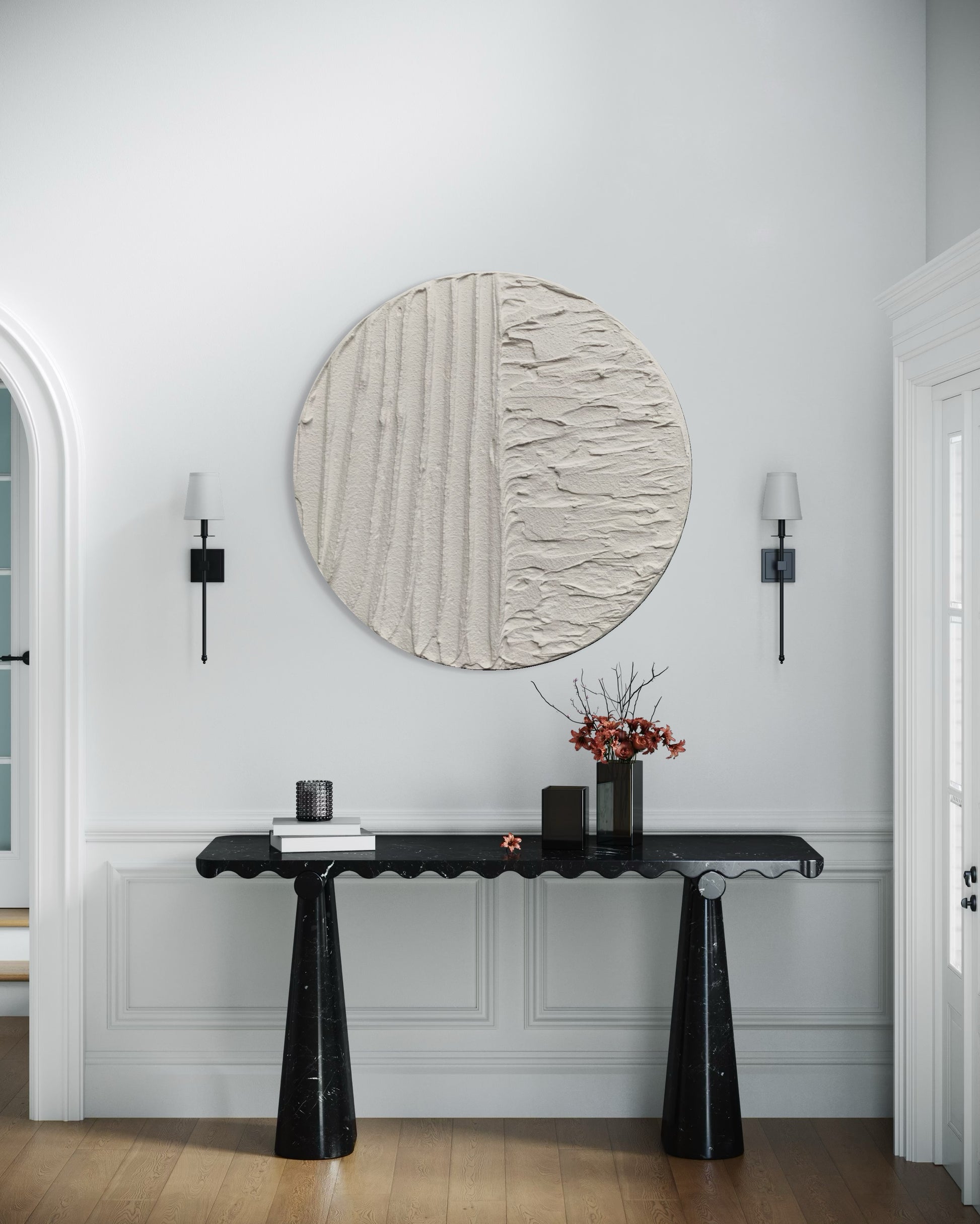 Modern, minimalist, contemporary textured wall art in white, made on round canvas.