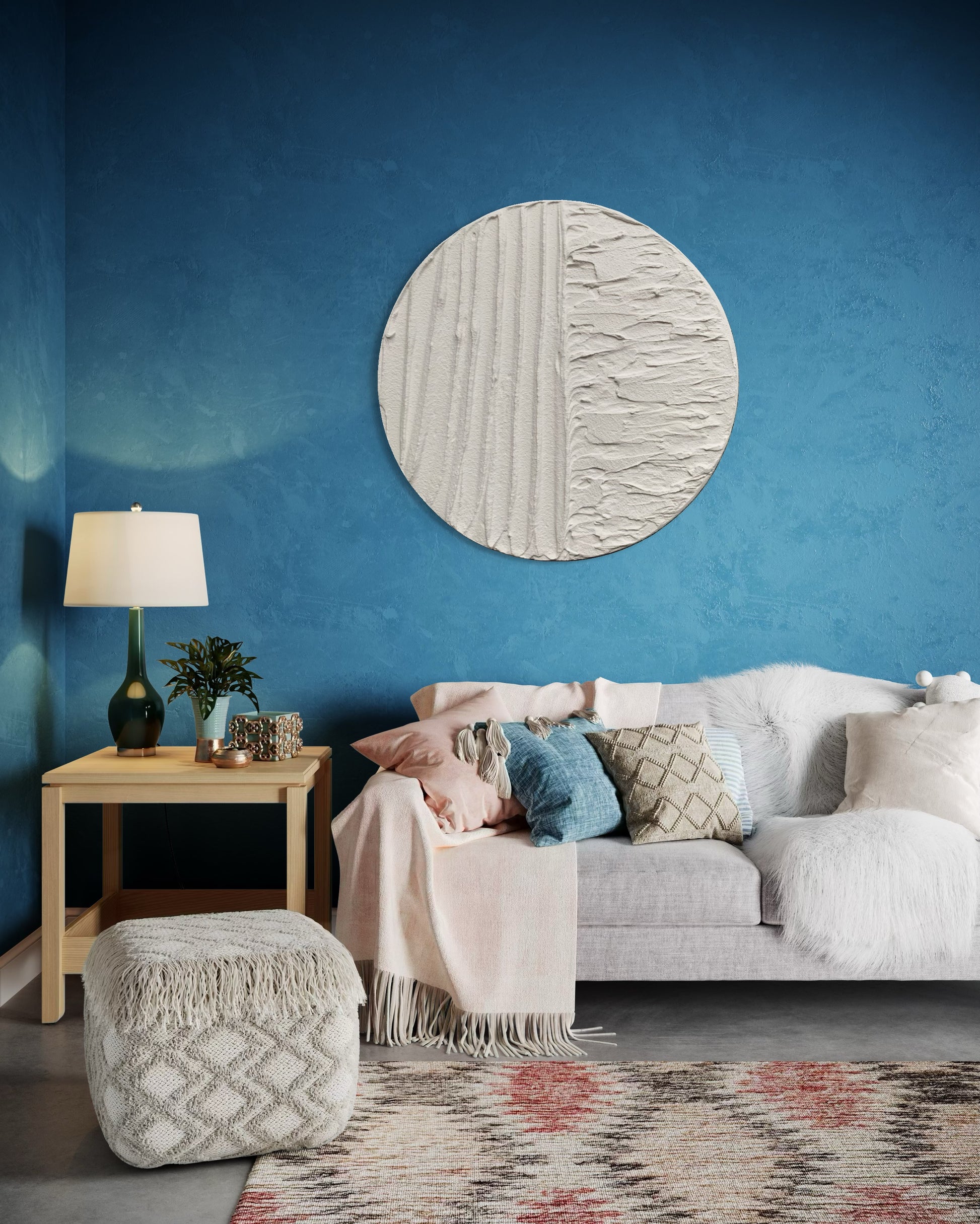 Modern, minimalist, contemporary textured wall art in white, made on round canvas.