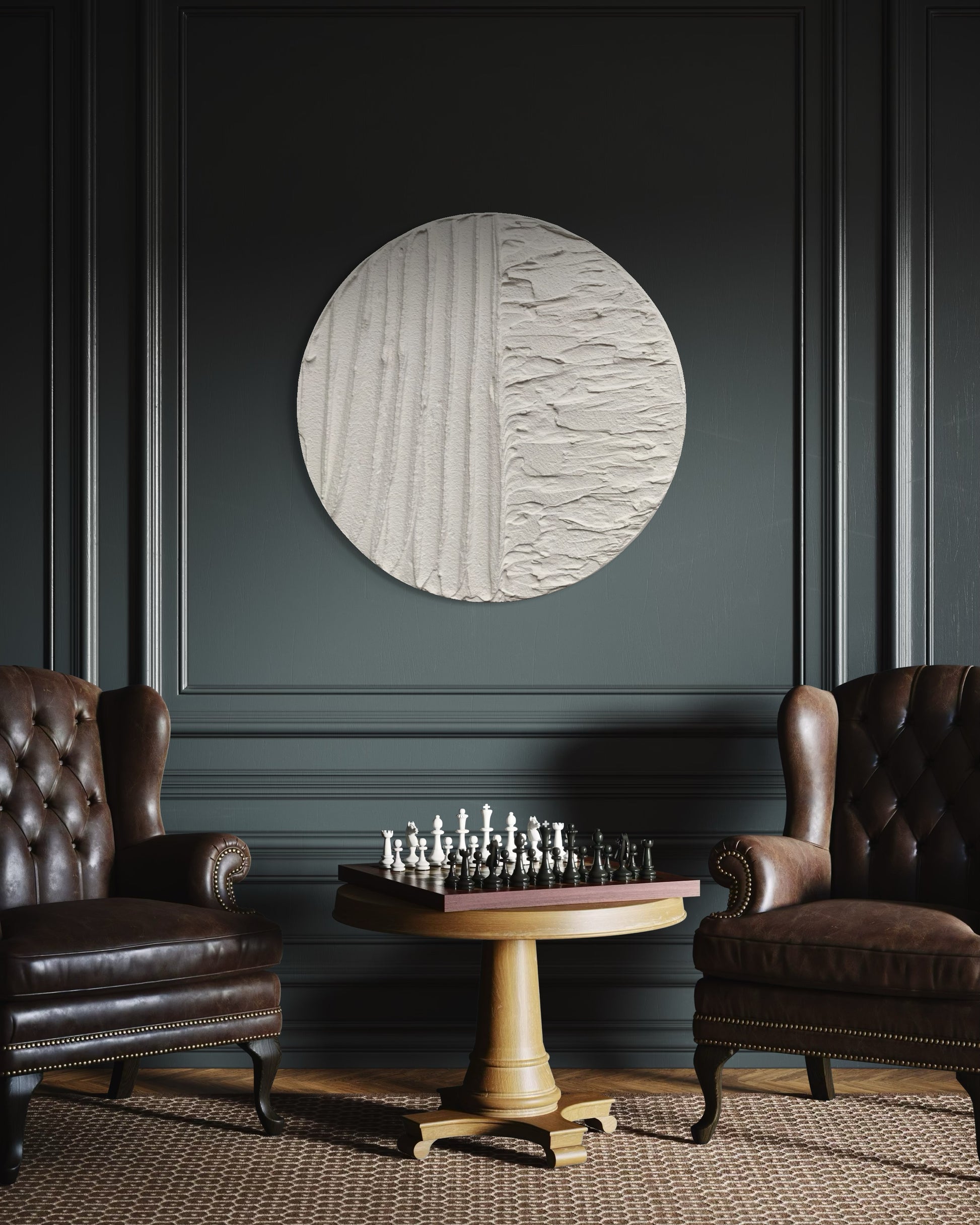 Modern, minimalist, contemporary textured wall art in white, made on round canvas.