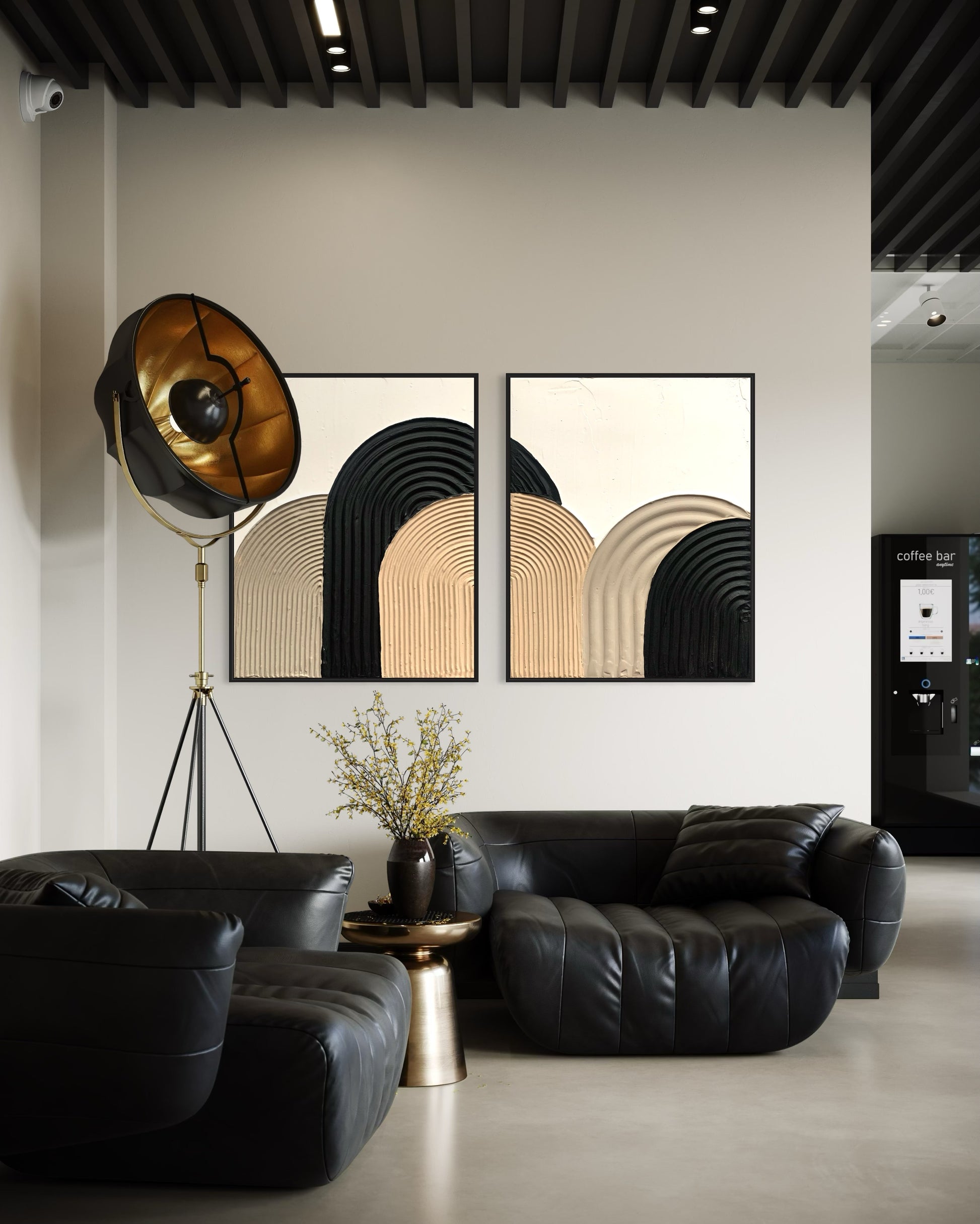 Modern , minimalist, contemporary textured wall art in black, beige and white.