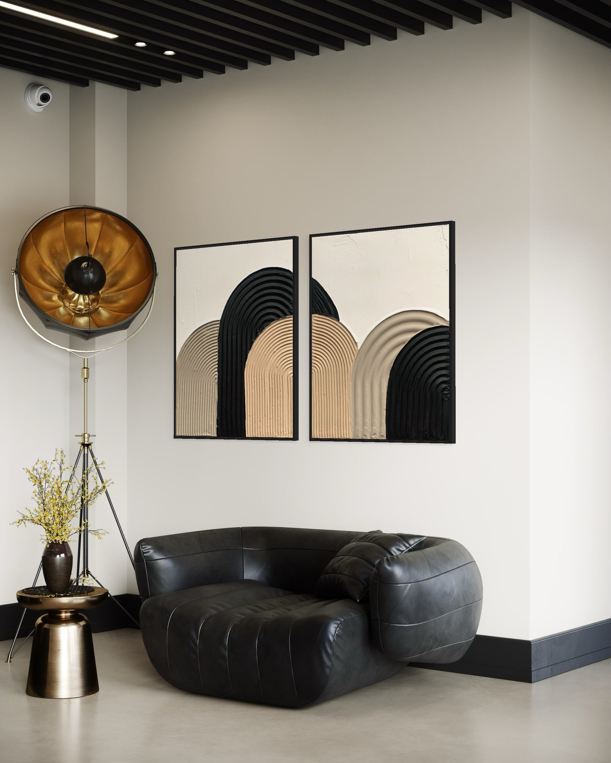 Modern , minimalist, contemporary textured wall art in black, beige and white.