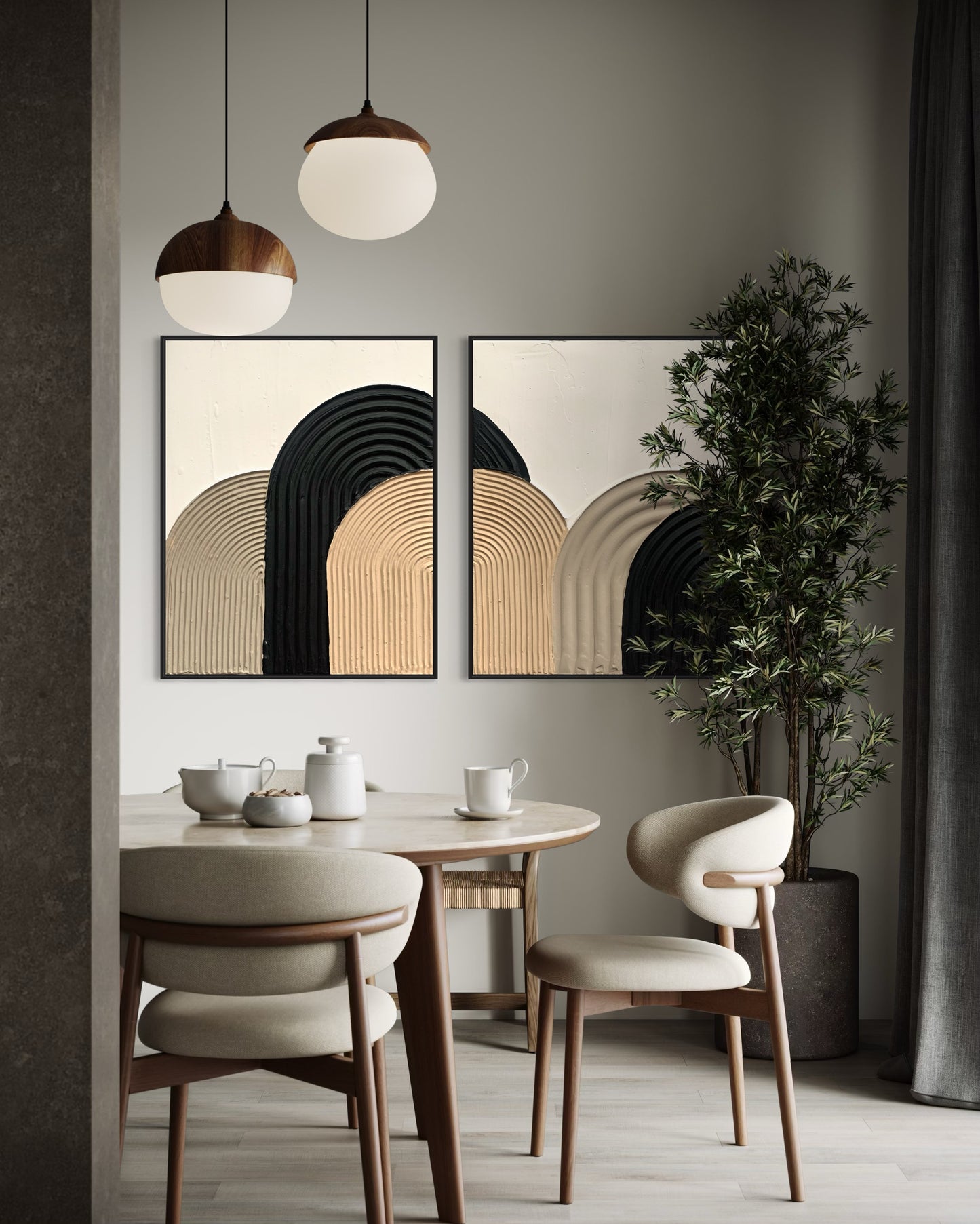 Modern , minimalist, contemporary textured wall art in black, beige and white.