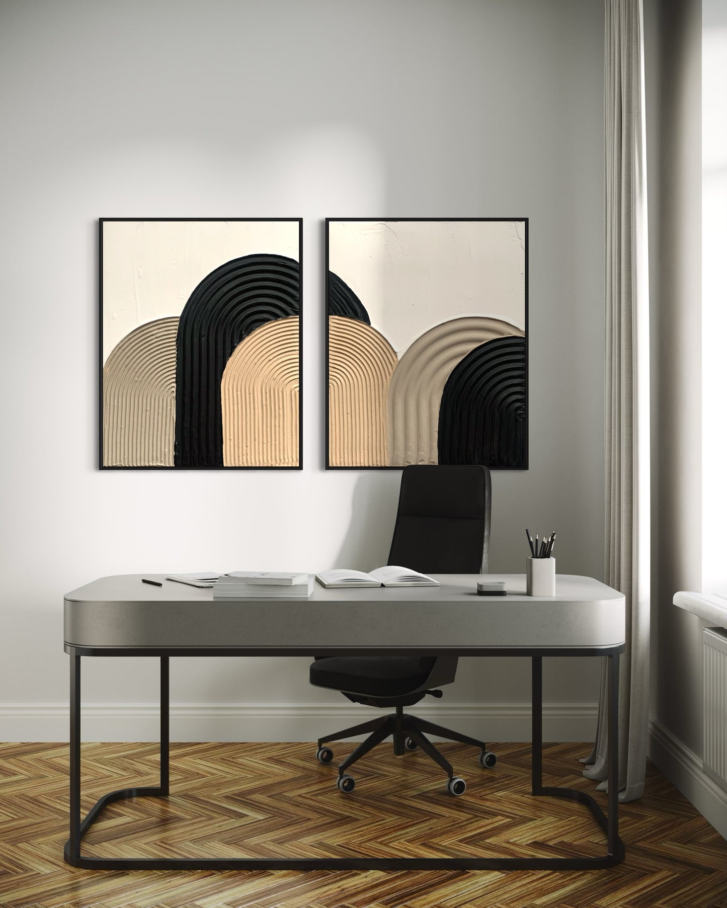 Modern , minimalist, contemporary textured wall art in black, beige and white.