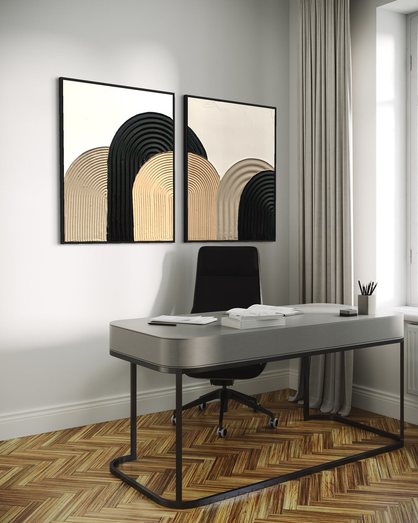 Modern , minimalist, contemporary textured wall art in black, beige and white.