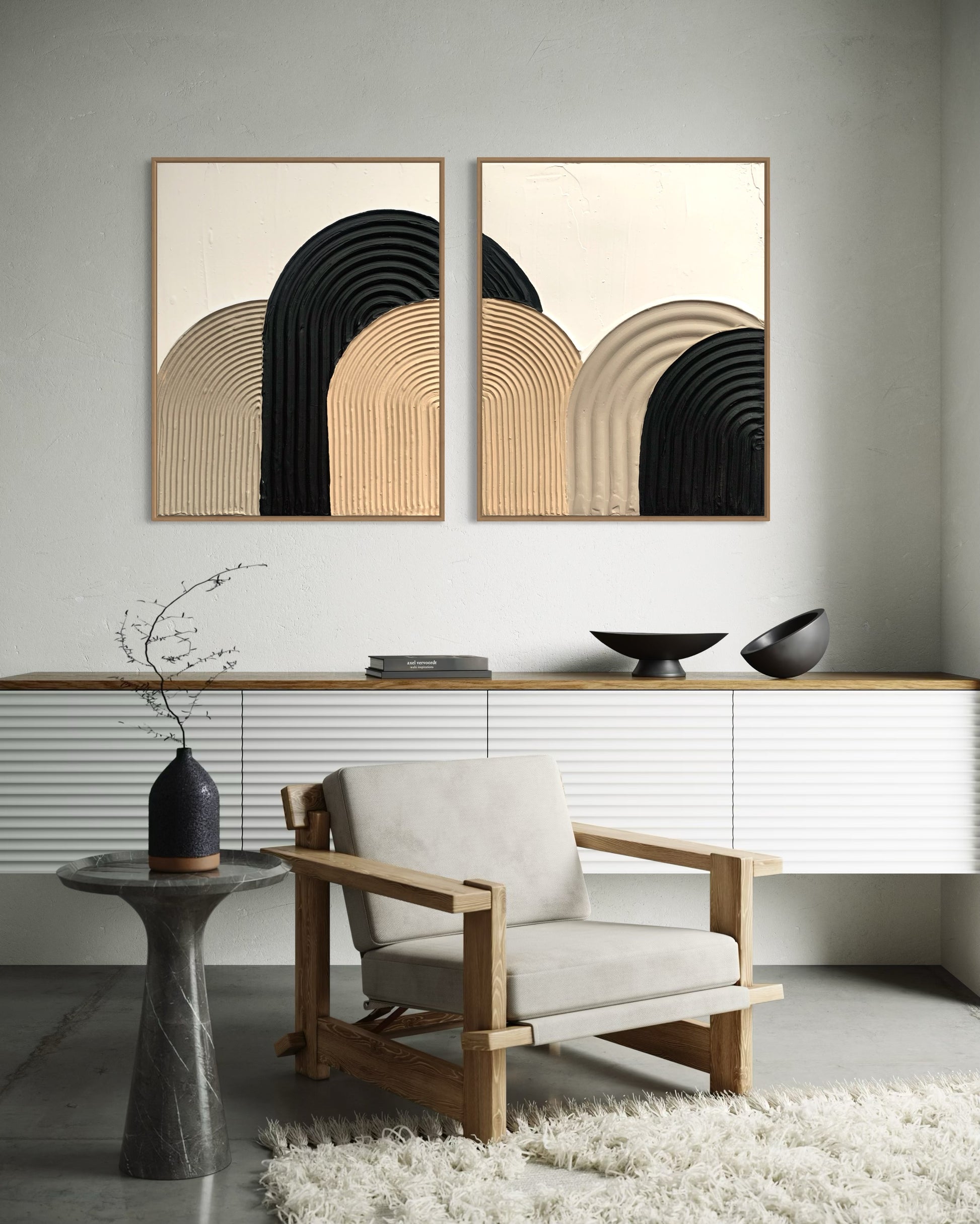 Modern , minimalist, contemporary textured wall art in black, beige and white.