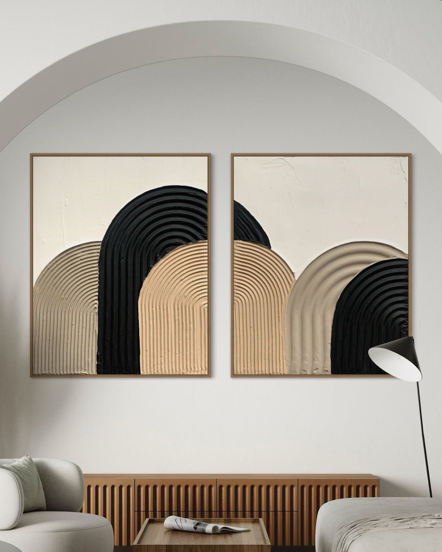 Modern , minimalist, contemporary textured wall art in black, beige and white.