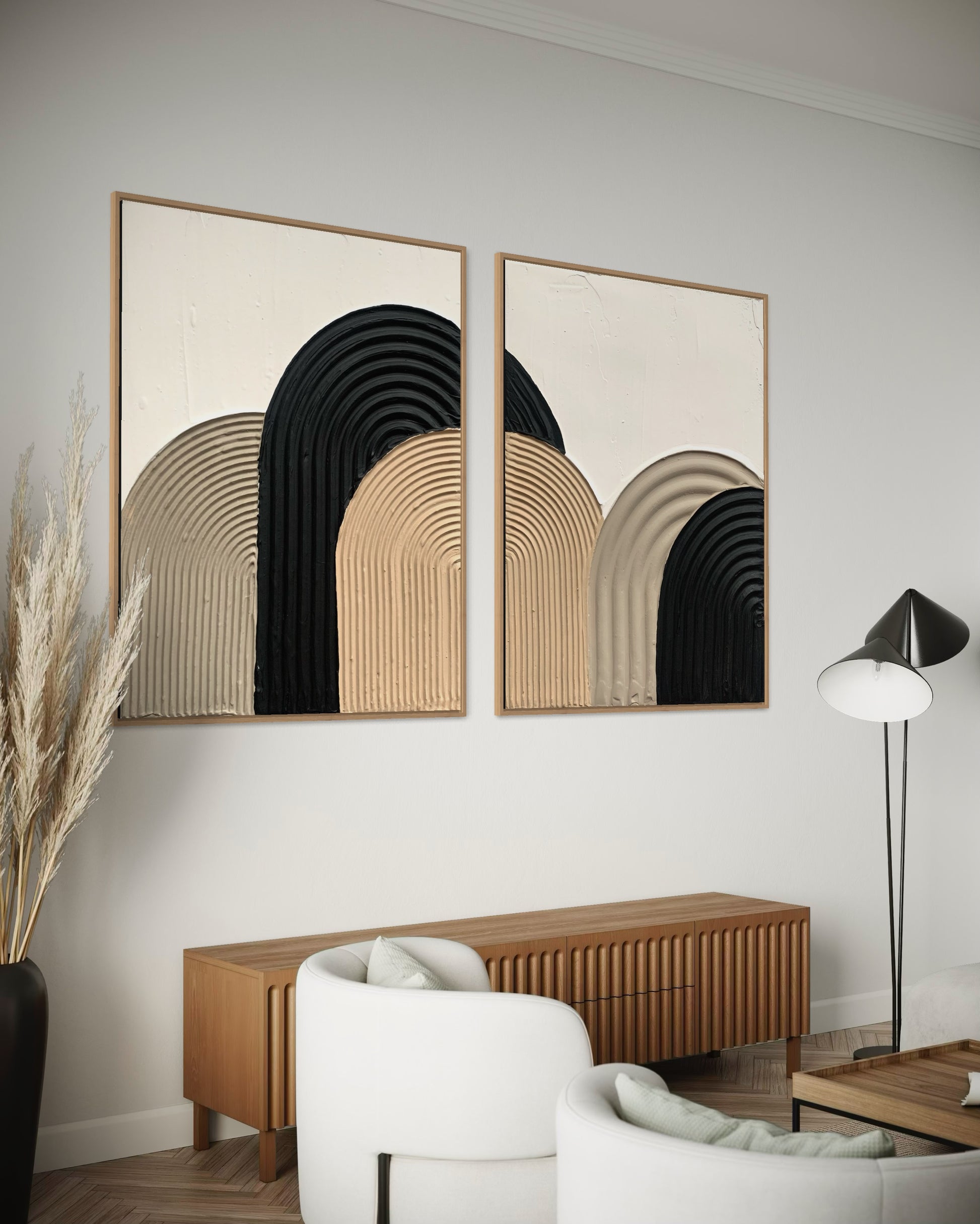 Modern , minimalist, contemporary textured wall art in black, beige and white.