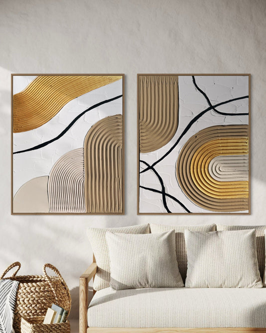 Modern minimalist textured wall art set of 2, in beige, gold and white colors