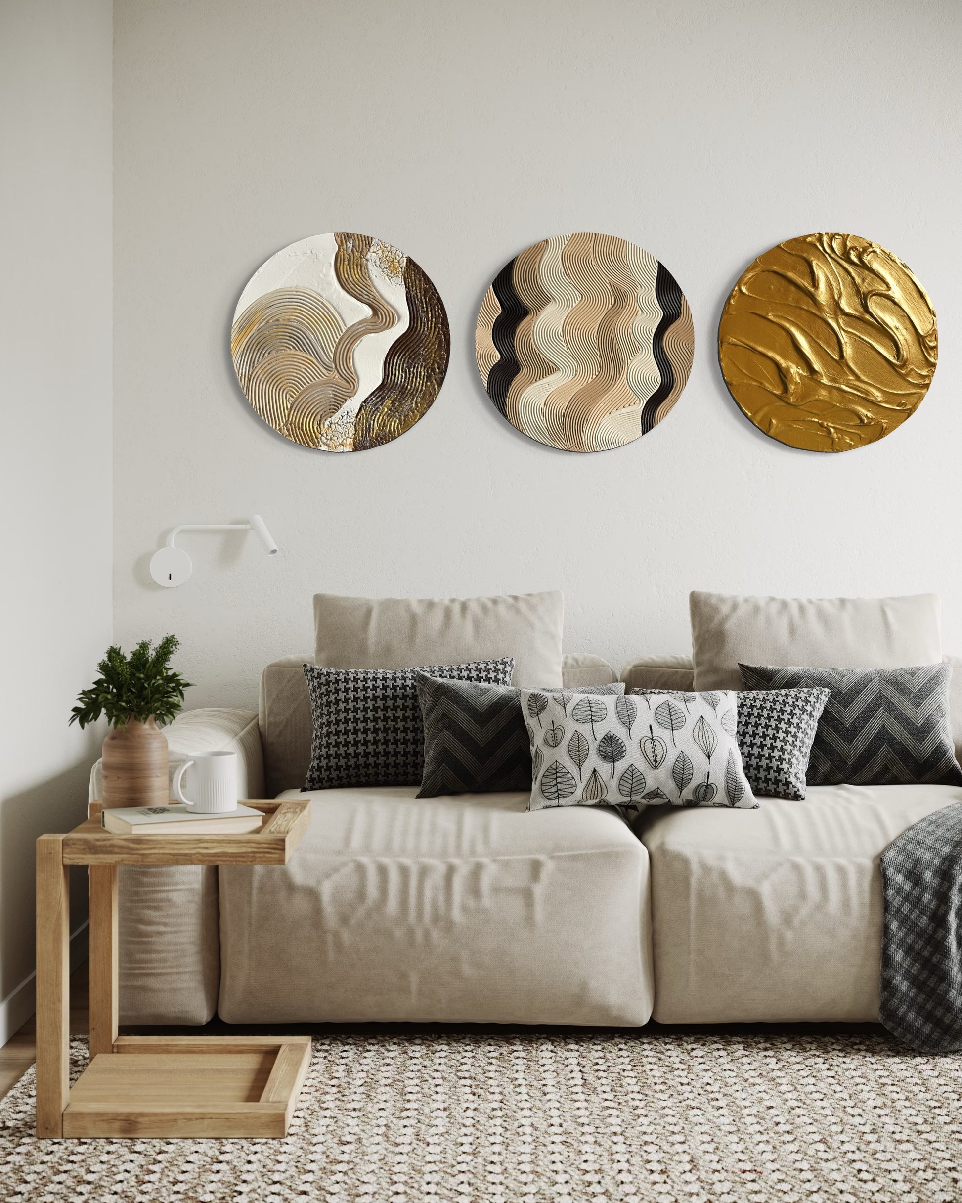 Decorative wall art above a sofa in a living room
