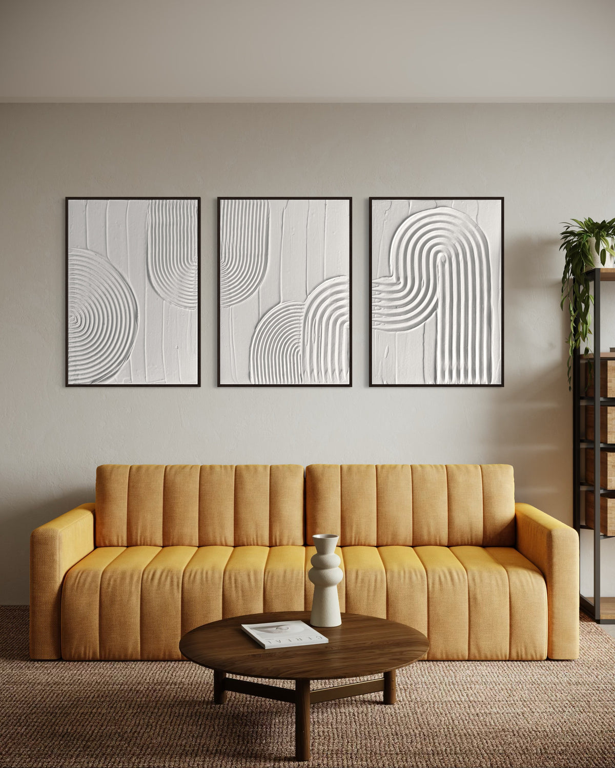 ZEN ARCH IV weiße Struktur Wandbilder im 3er Set mit geometrischen 3D Reliefbögen und naturfarbenen Holzrahmen