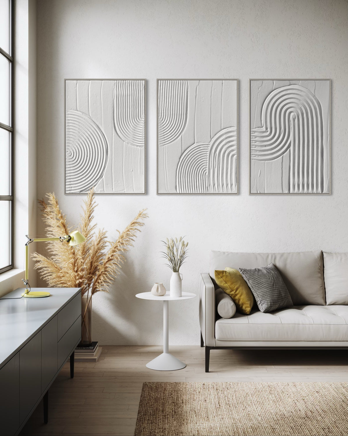 ZEN ARCH IV white textured wall art set of 3 with sculptural geometric arches and natural wood floating frames